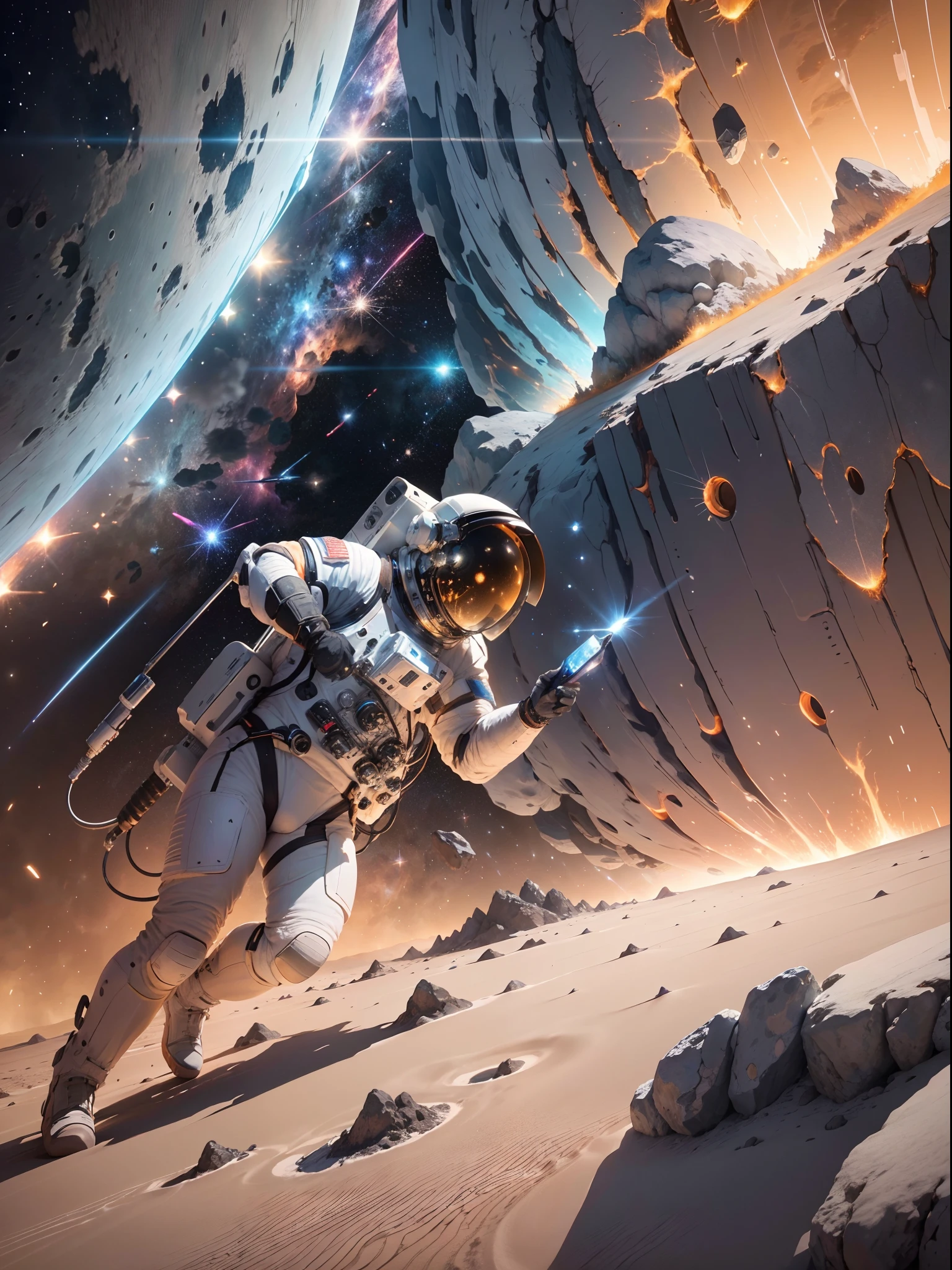 Contrasting elements，A beautifully detailed depiction of an astronaut struggling to climb an asteroid，On the left is hot lava，On the right is sparkling water，cosmic starry sky，Meteorites fly over the background，The work is fascinating，with dynamism，Capture the awe-inspiring beauty and dangers of outer space exploration。