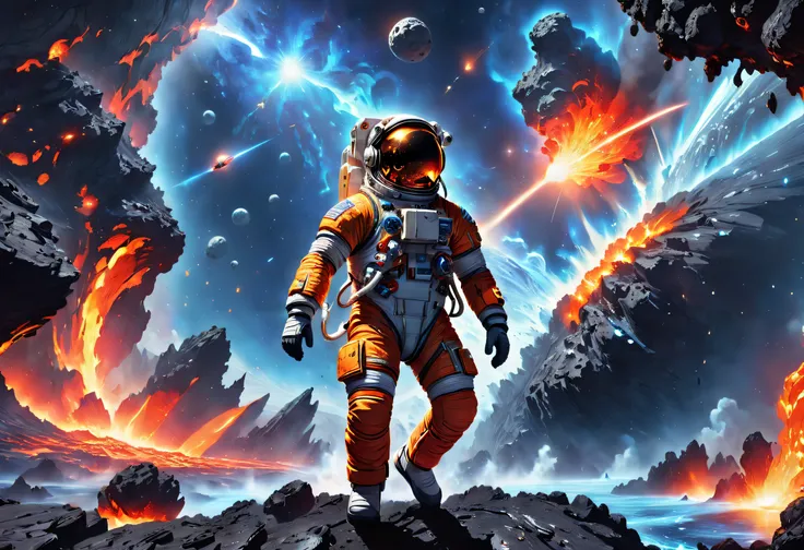 contrasting elements，a beautifully detailed depiction of an astronaut struggling to climb an asteroid，on the left is hot lava，on...