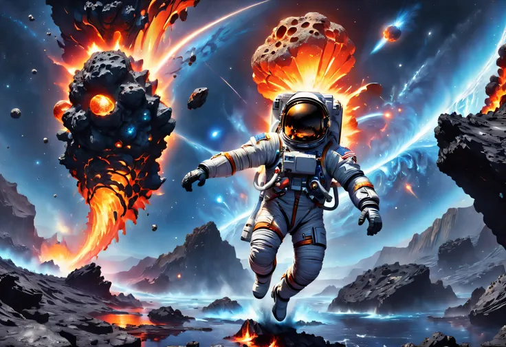 contrasting elements，a beautifully detailed depiction of an astronaut struggling to climb an asteroid，on the left is hot lava，on...