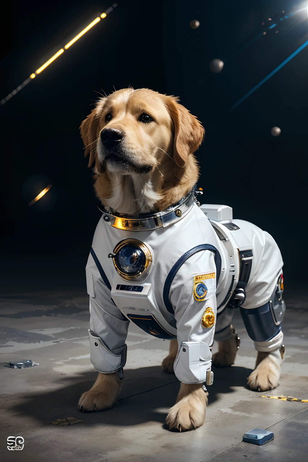 Golden retriever dog in spacesuit isolated on white background, Astronaut Golden Retriever Dog, Cyborg puppy, Space Dog, Space Dogs, Cyborg dog, Cyborg dog, Cyberpunk dogs, Armored dogs, A dog summons a spaceship, ultrarealistic concept art, Robot Dog,hyper - realistic render, hyper realistic rendering,