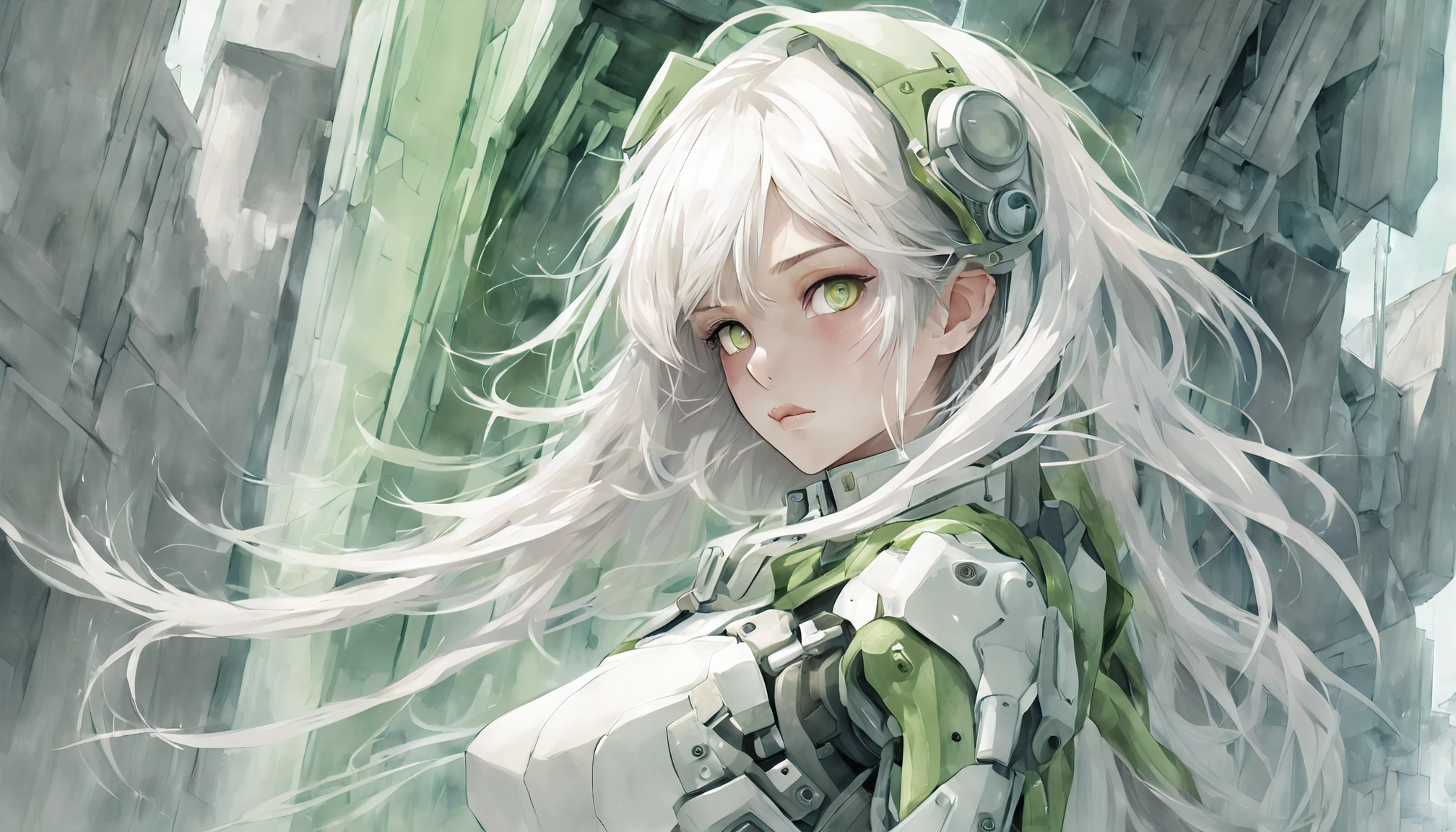 absurdres, highres, ultra detailed, (1girl:1.3), kawaiiBREAK, watercolor washes, translucent layers, delicate blending, fluid textures, subtle hues, organic forms, poetic atmosphere, absurdres, highres, ultra detailed, (perfect anatomy:1.1), ethereal, delicate details, highres, BREAK(girl:1.3), solo, white long hair, green eyes, cyborg, white mecha body, (battle action, dynamic action:1.2),BREAK, brutalist art, raw concrete, geometric forms, architectural sculptures, bold textures, industrial aesthetic, unadorned surfaces