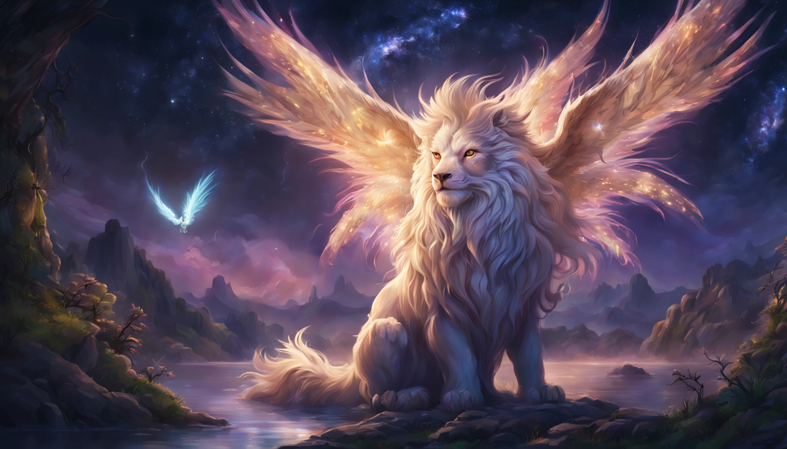 (melhor qualidade,Full HD),Mythical Spirit Beasts,tamanho grande,corpo gigantesco brilhante,powerful presence,Olhos dourados profundos,presas afiadas,Longas, caudas fluindo,Pelo detalhado,elaborate standards,Recursos soberbamente realistas,ethereal glow,cores vibrantes,Florestas em segundo plano,Montanhas majestosas,luar tranquilo,atmosfera calma e serena,Raio de lua luminoso,macio, mystical glow,Brisa suave,folhas farfalhar,Night sky full of stars