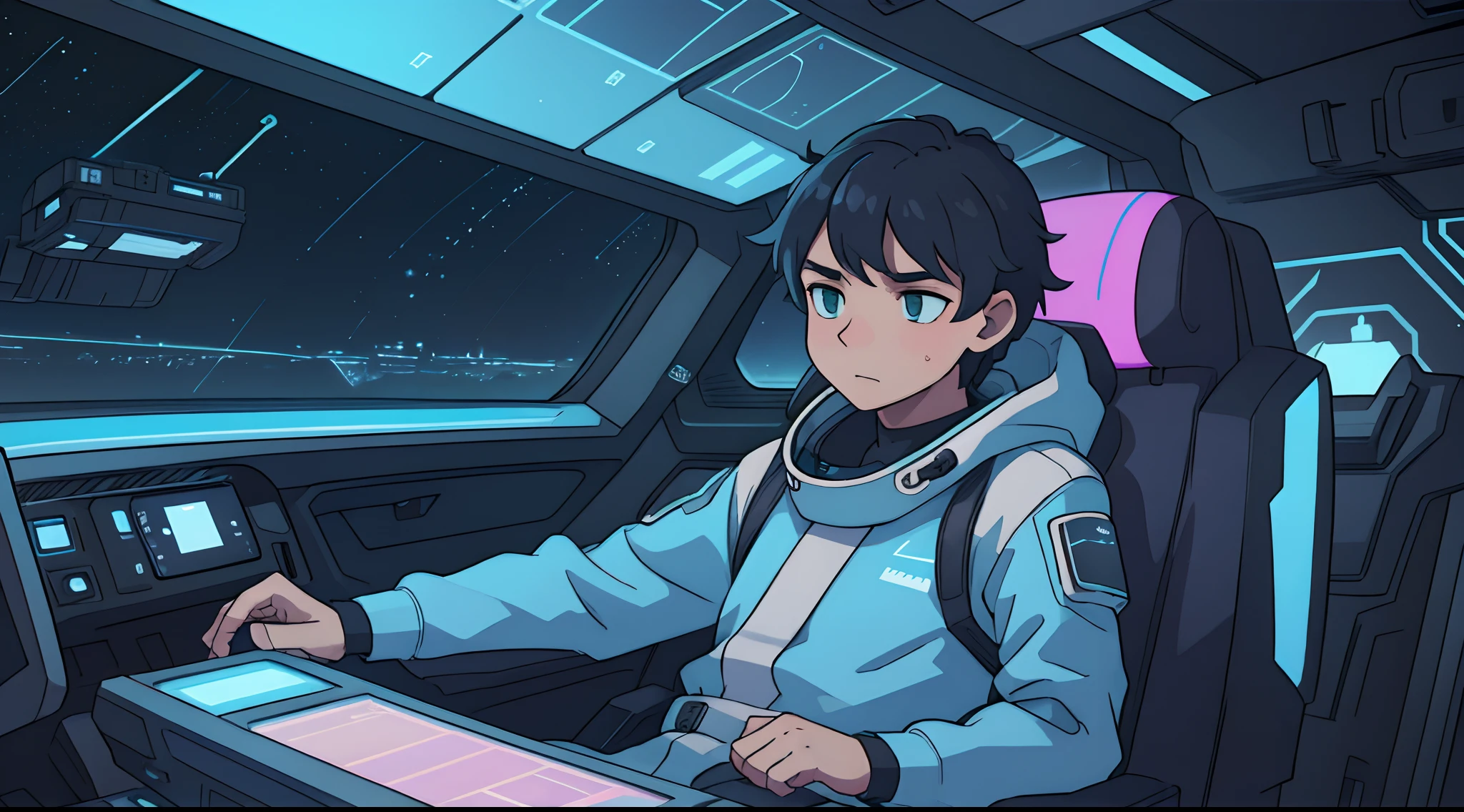 ((8k, best quality, master: 1.4)) In the cockpit of a futuristic spacecraft, a young and adventurous guy sits with a focused posture. He's wearing a snug spacesuit. His long, curly hair falls slightly onto his shoulders. he has black brown eyes and nice pink skin tone. detailed face. Next to him, the control panel consists of luminous panels with holographic displays projecting real-time data and graphics. Blue and green lights create a technological atmosphere. His hands, slender and nimble, hover over the controls, while outside the window, the darkness of space stretches with distant stars. detailed background The boy exudes determination and a sense of adventure as he prepares to explore the unknown.