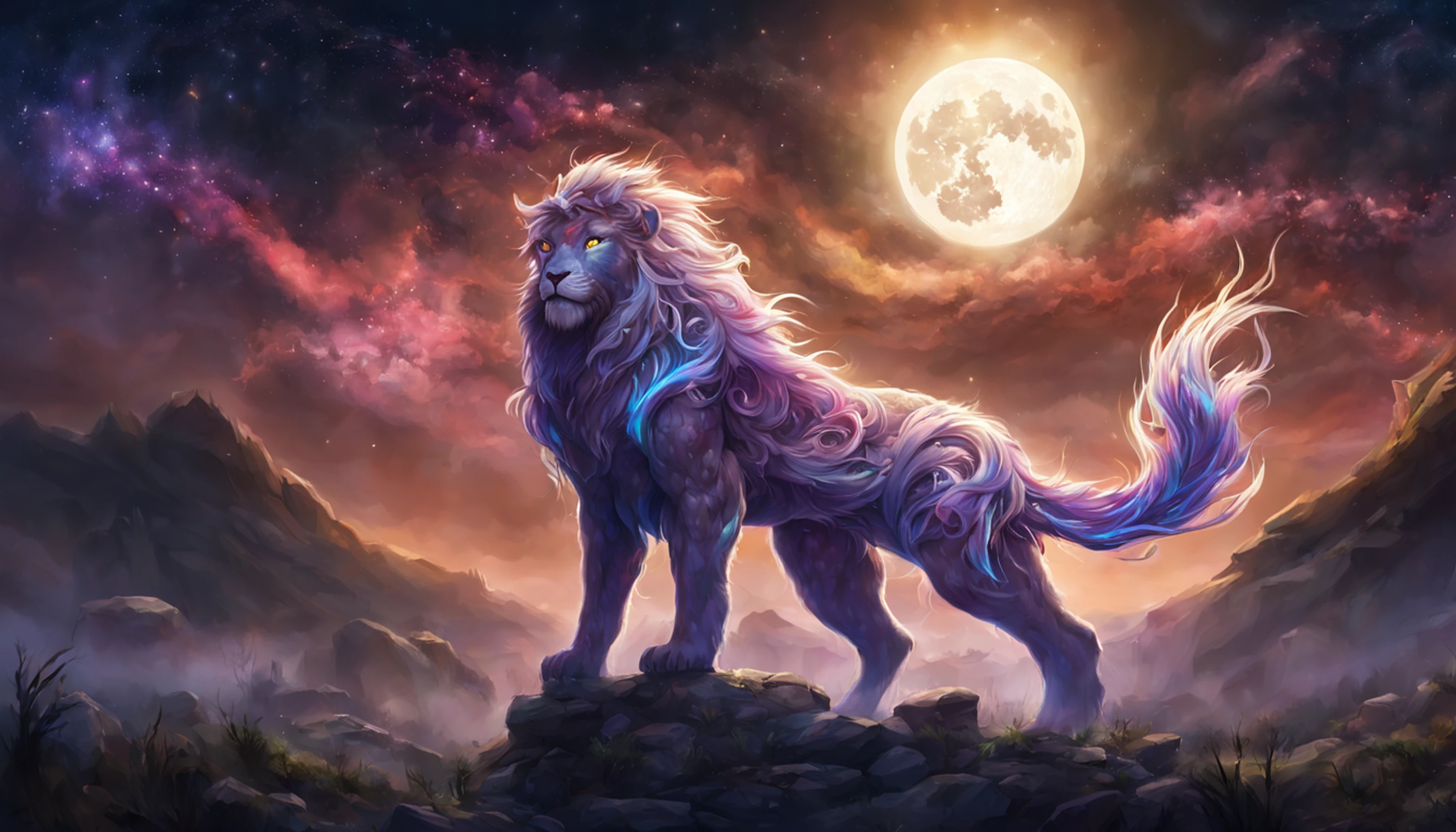 Painting of a lion with purple hair and purple mane, 8K high quality detailed art, commission for high resolution, ArtStation masterpiece, painted in high resolution, concept art style, Deviantart ArtStation CGSCOSIETY, gorgeous goddess of leo, artstation painting, low details. Digital painting, deviantart artstation, Dramatic cinematic details fur, trends in art station，meccog
cog，antitech，