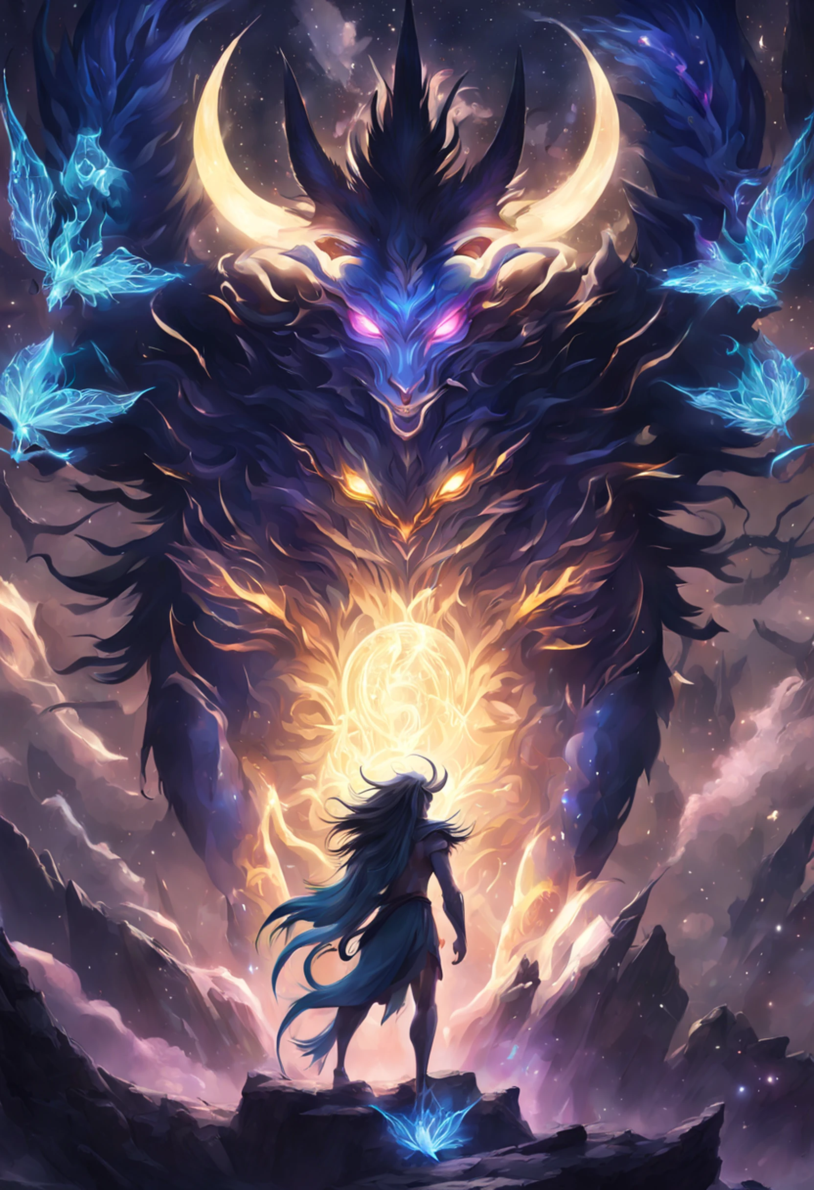 (melhor qualidade,Full HD),Mythical Spirit Beasts,tamanho grande,corpo gigantesco brilhante,powerful presence,Olhos dourados profundos,presas afiadas,Longas, caudas fluindo,Pelo detalhado,elaborate standards,Recursos soberbamente realistas,ethereal glow,cores vibrantes,Florestas em segundo plano,Montanhas majestosas,luar tranquilo,atmosfera calma e serena,Raio de lua luminoso,macio, mystical glow,Brisa suave,folhas farfalhar,Night sky full of stars