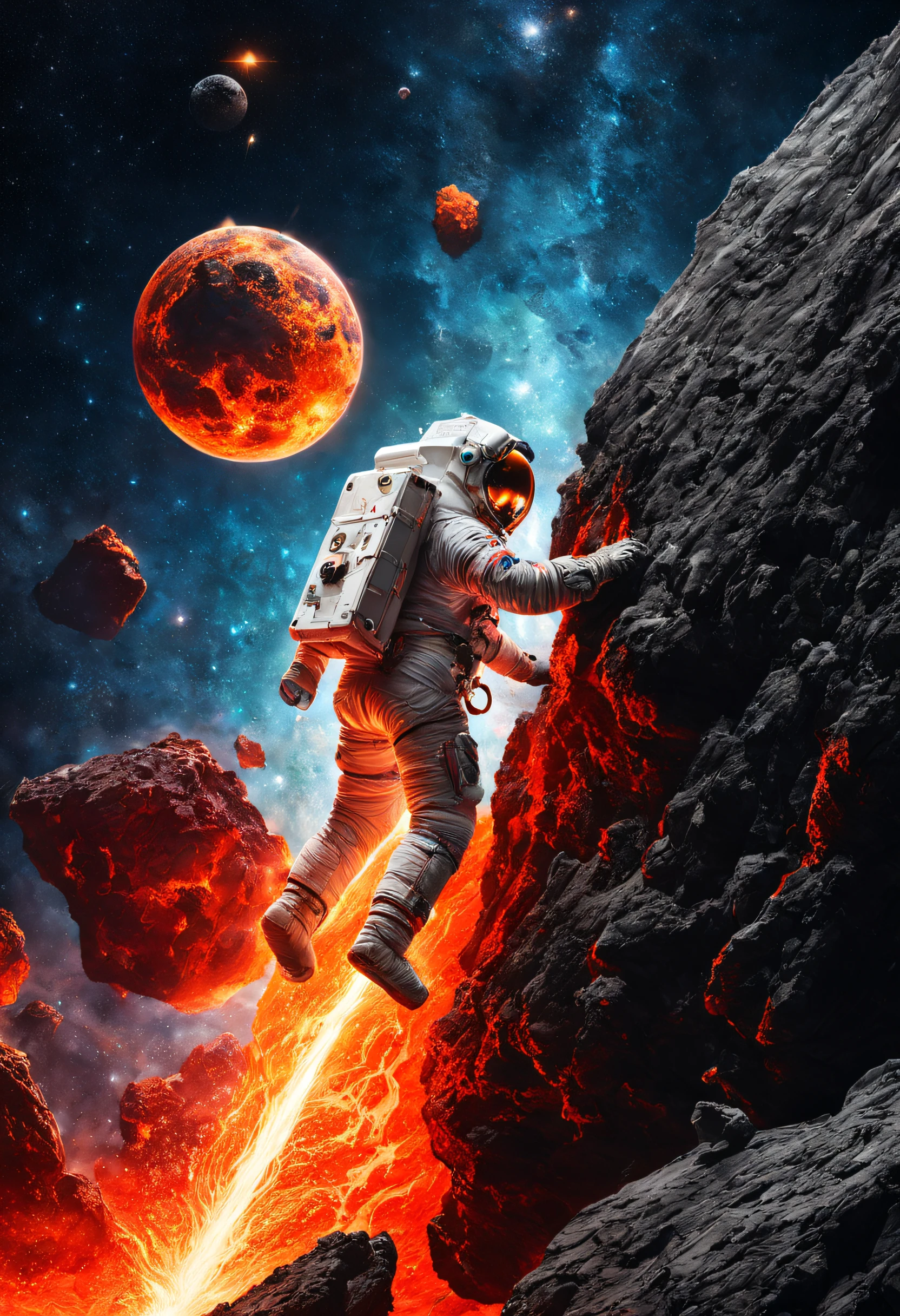 Contrasting elements,A beautifully detailed depiction of an astronaut struggling to climb an asteroid,On the left is hot lava,On the right is sparkling water,cosmic starry sky,Meteorites fly over the background,The work is fascinating,with dynamism,Capture the awe-inspiring beauty and dangers of outer space exploration。