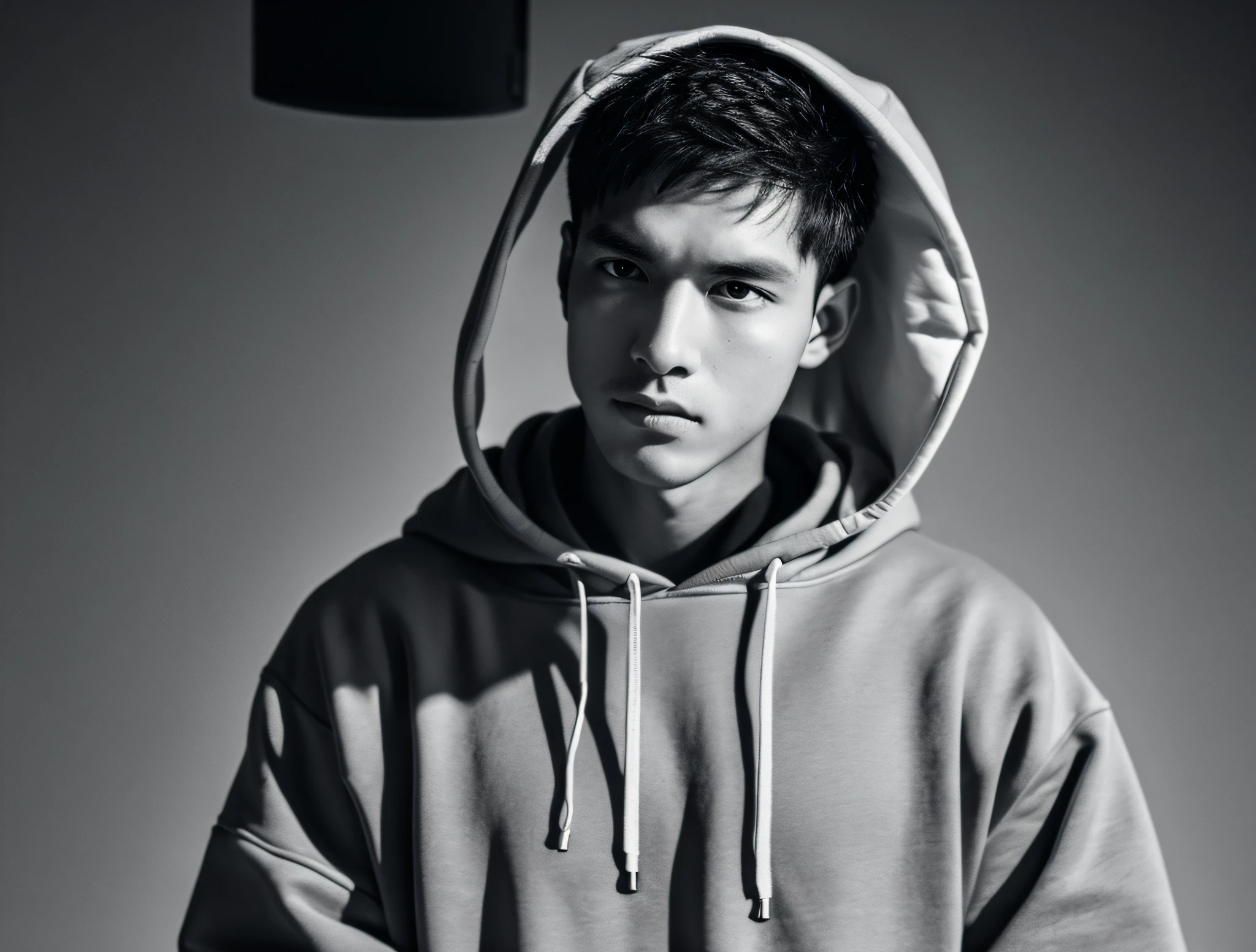 a balck man wearing a hoodie looking in to the camera with a single color background looking professional