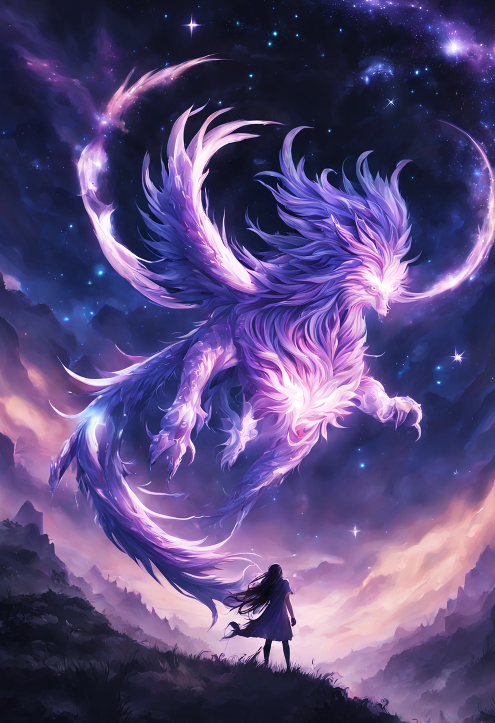 (melhor qualidade,Full HD),Mythical Spirit Beasts,tamanho grande,corpo gigantesco brilhante,powerful presence,Olhos dourados profundos,presas afiadas,Longas, caudas fluindo,Pelo detalhado,elaborate standards,Recursos soberbamente realistas,ethereal glow,cores vibrantes,Florestas em segundo plano,Montanhas majestosas,luar tranquilo,atmosfera calma e serena,Raio de lua luminoso,macio, mystical glow,Brisa suave,folhas farfalhar,Night sky full of stars