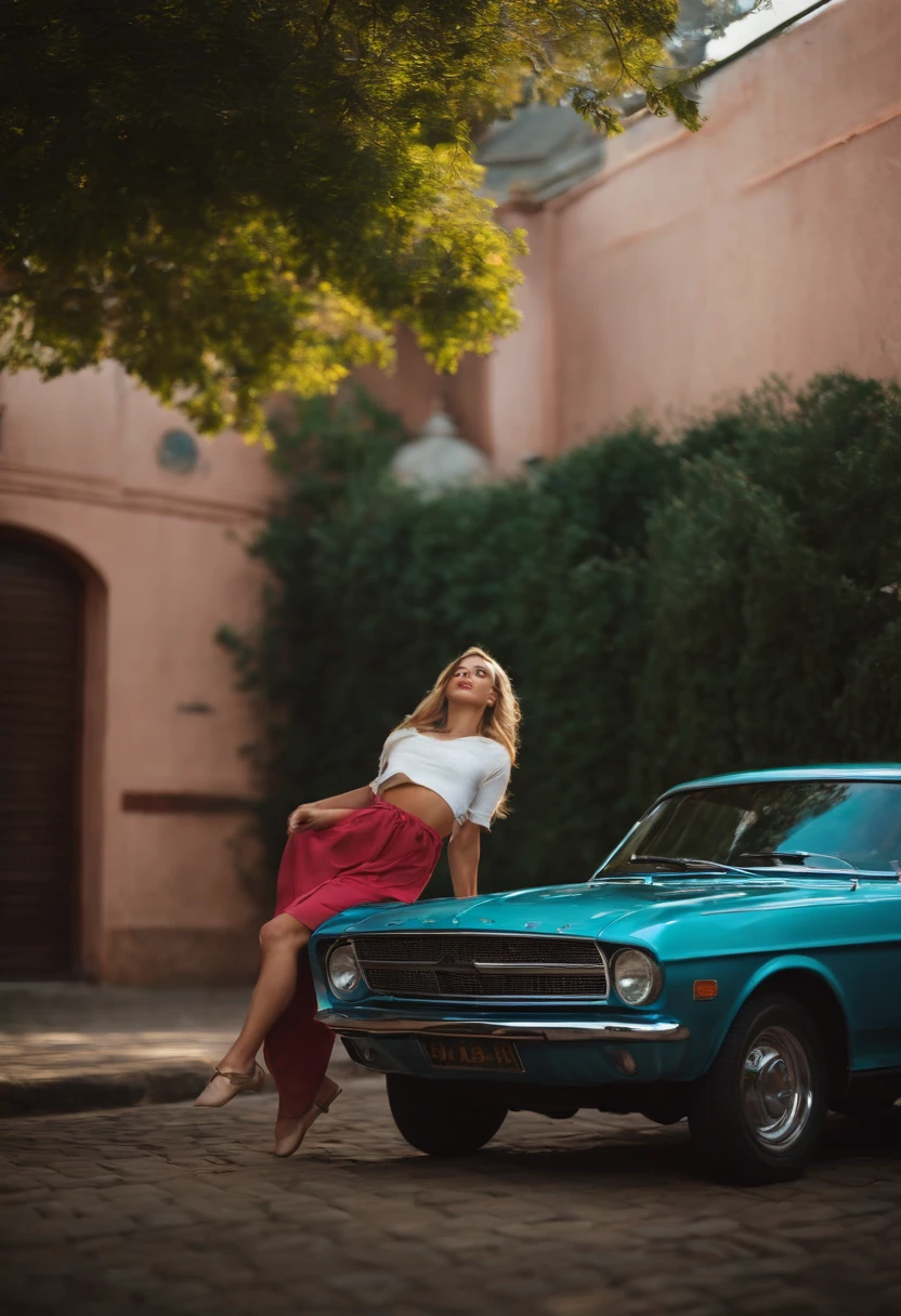 a french  lady in red sitten on the hood of a Zhiguli, lada, VAZ 2109 in a night flash from red neons realistically, closed eyes, in a hindu meditation pose, short skirt,  a dark jungle with mistery feeling in the background, high resolution, high details, guity details, cinematic light, raw photo, 4k, lenz 85 mm, bare legs with details, full body frame, very beautiful lady,