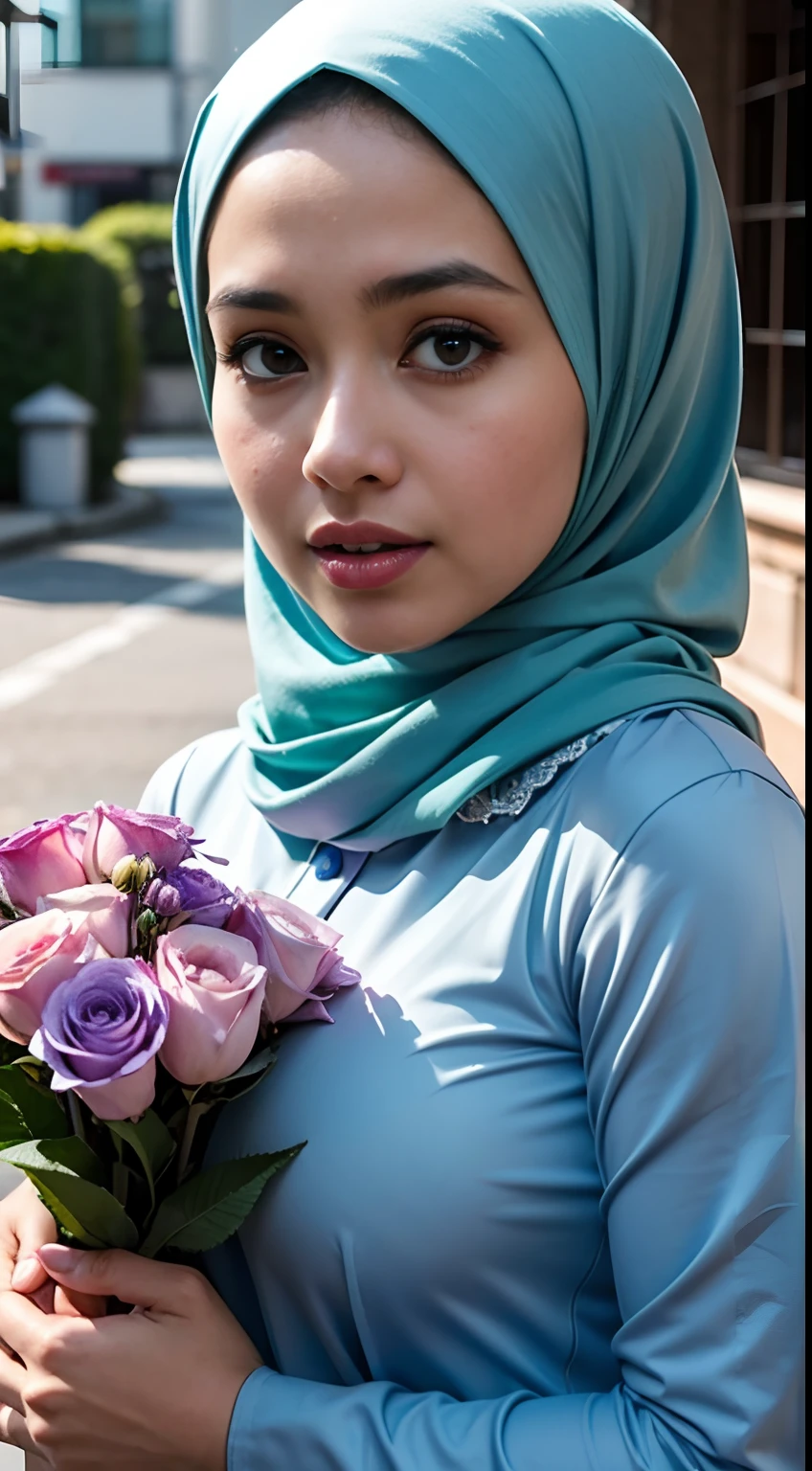 1 malay girl , modern plain hijab, shy, medium portrait shot , watery eyes ,lip watery, lip glossy, open mounth, ((big breast)), a beautiful girl with hijap, in vintage colors aodai , masterpiece, best quality, realistic:1.3, street, holding bundle of flowers, sunlight, backlighting, artstation, intricate details, vignett, prpsonal body,