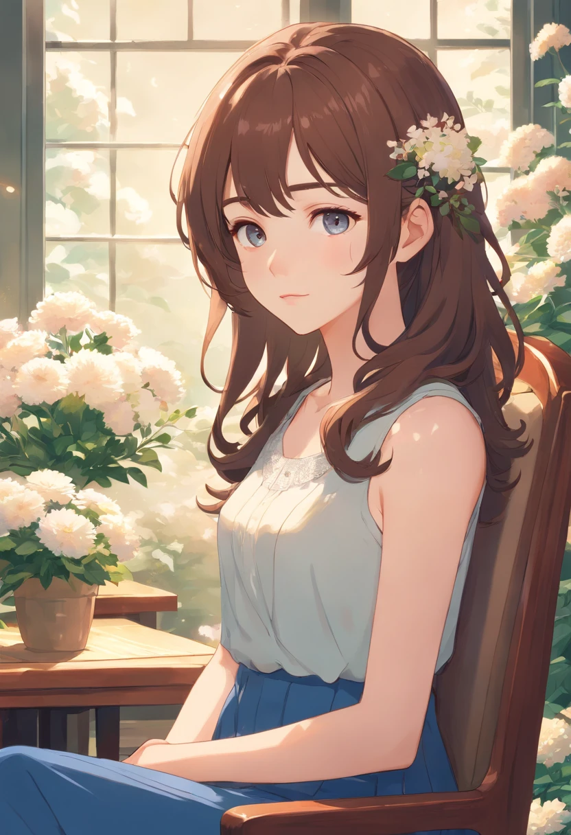 One girl, classical, long curly brown hair, beautiful eyes, high quality, white skin, sitting on a chair, surrounded by various flowers, low saturation, portrait, fine line drawing, fine detail, soft light –ar 5:7 –niji