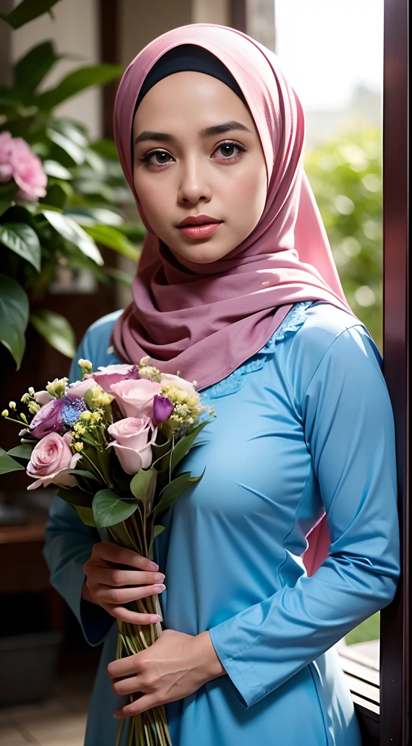 1 malay girl , modern plain hijab,  shy, medium portrait shot , watery  eyes ,lip watery, lip glossy, open mounth, ((big breast)), a beautiful girl with hijap, in vintage colors aodai , masterpiece, best quality, realistic:1.3, street, holding bundle of flowers, sunlight, backlighting, artstation, intricate details, vignett, prpsonal body,