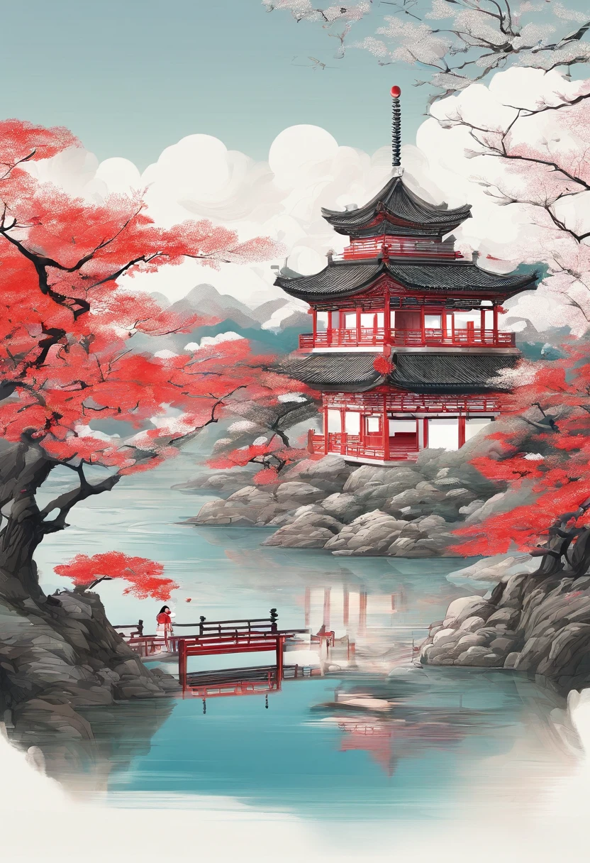Chinese,Chinese landscape,Ancient rhyme Jiangnan,Yamakawa,Cypress,Pavilions,Leave white space,elegant