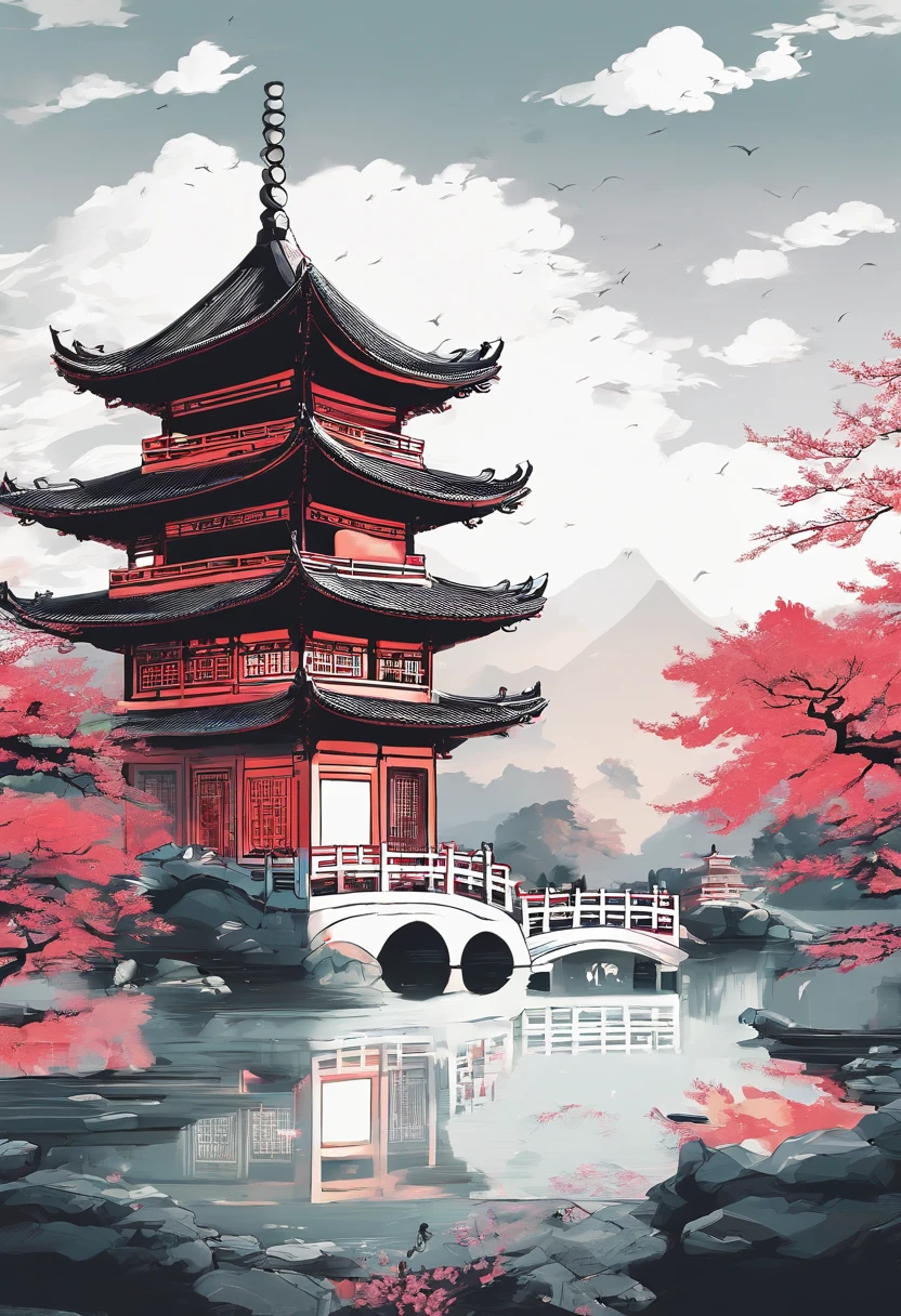 Chinese,Chinese landscape,Ancient rhyme Jiangnan,Yamakawa,Cypress,Pavilions,Leave white space,elegant