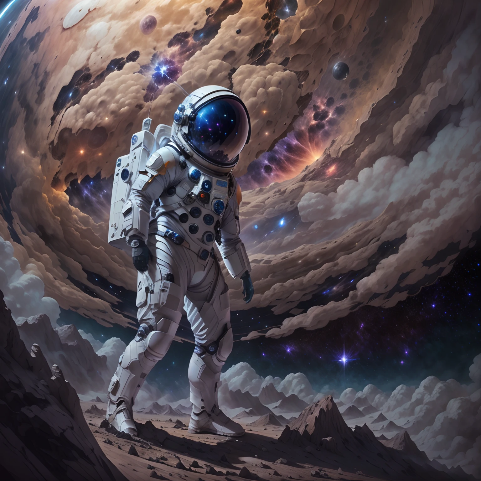 A man in a spacesuit explores an asteroid,Epic space exploration, A breathtaking vista of the universe, futuristic spacecraft, Interstellar Journey, Awe-inspiring celestial scenes, Distant star systems, ethereal nebulae, The magnificence of the universe, the mysteries of the cosmos are unraveled, Surreal interstellar landscape."