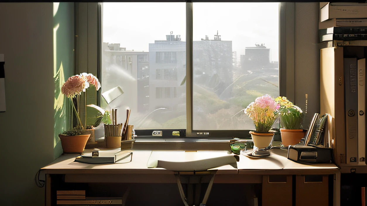 A masterpiece，Best quality at best，high high quality，Early in the morning，The desk is by the window，Sunlight shines through the window on the desk top，There are flowers by the window，a plant，book, anime stle