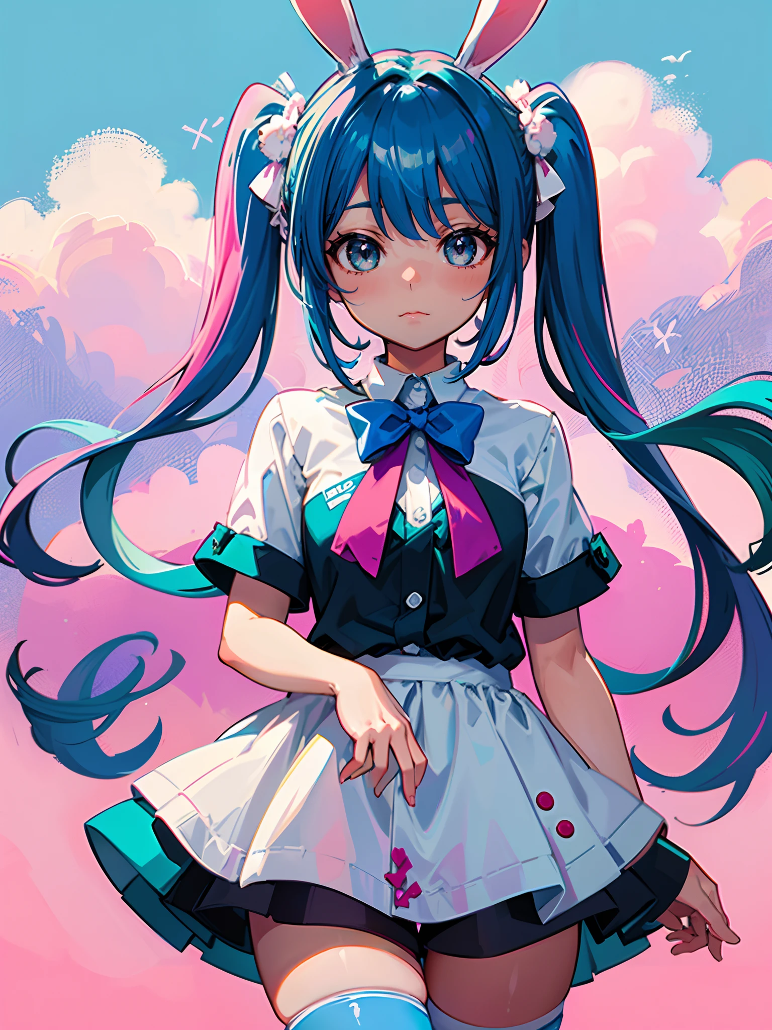 (Beautiful, highly detailed, feminine, curious anime, 4k, best quality, masterpiece) (1girl, blue hair, short pigtails, straight bangs, rabbit ears, multicolored pink and green eyes, short sleeve blue and white button up with short puff sleeves, pink bow on shirt, white puff shorts, striped blue and white thigh highs, pink flats, fairgrounds, colorful background, beautiful)