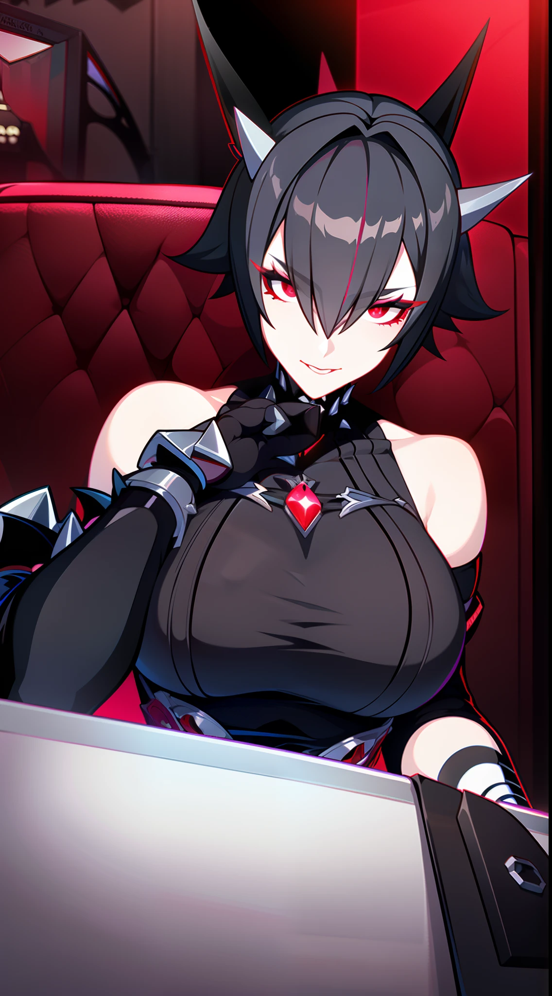 Adult woman, short gray hair, spiked hair, red eyes, black eye shadow, black lipstick, White aristocrat jacket, black tight pants, large breasts, musculature, claws, lock, sits on a chair, Masterpiece, hiquality, 4k, HD, Good detail
