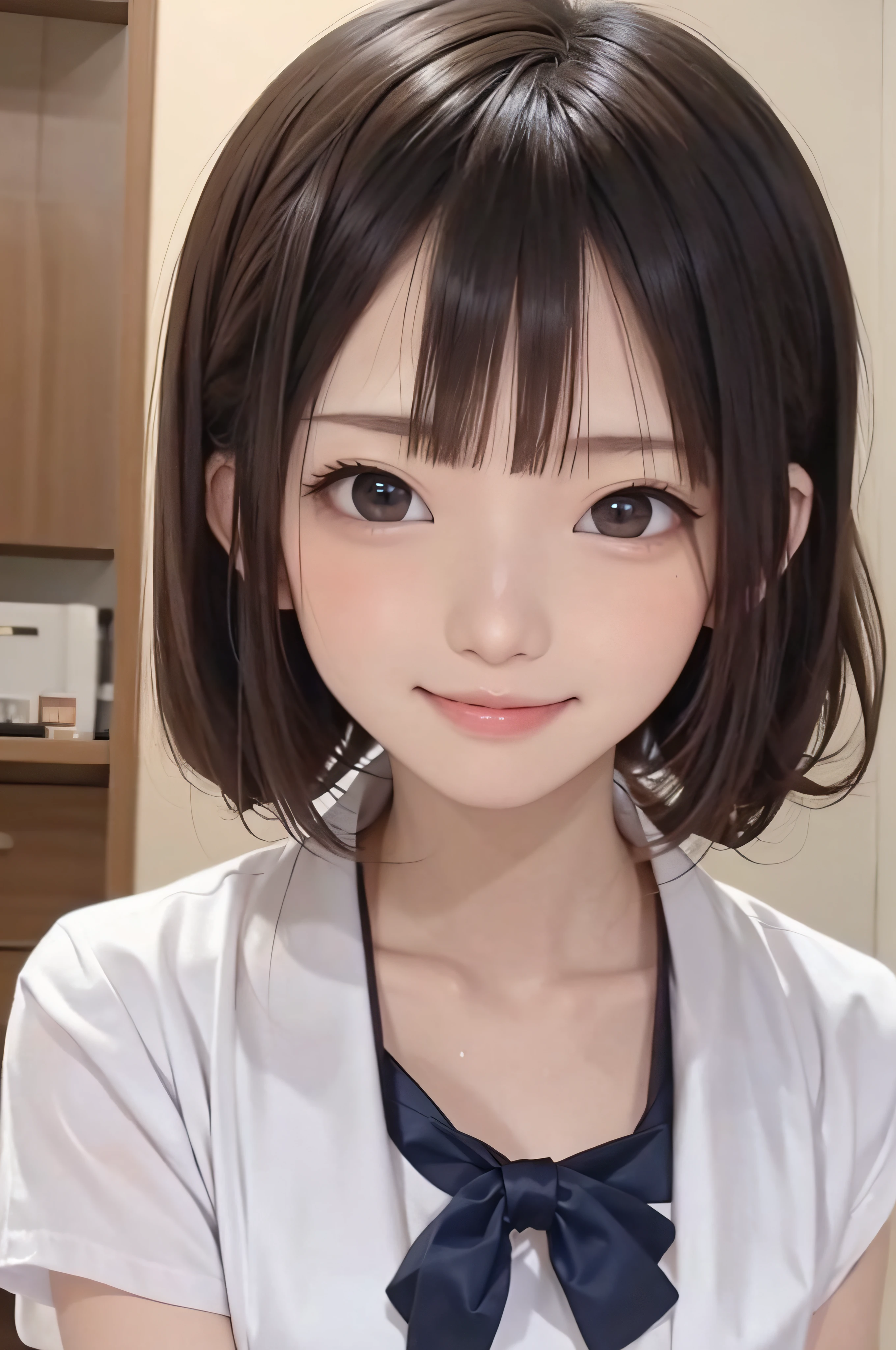 (Background white、White background、The background is all white)、17 age、brown haired、beautidful eyes、real looking skin、hi-school girl、a sailor suit、small tits、(8K、​masterpiece)、(reallistic、Photorealsitic)、top-quality、ighly detailed、The ultra-detailliert、Beautie、cute little、japanes、Idol、a smile、ssmile、Close-up portrait、Healthy face