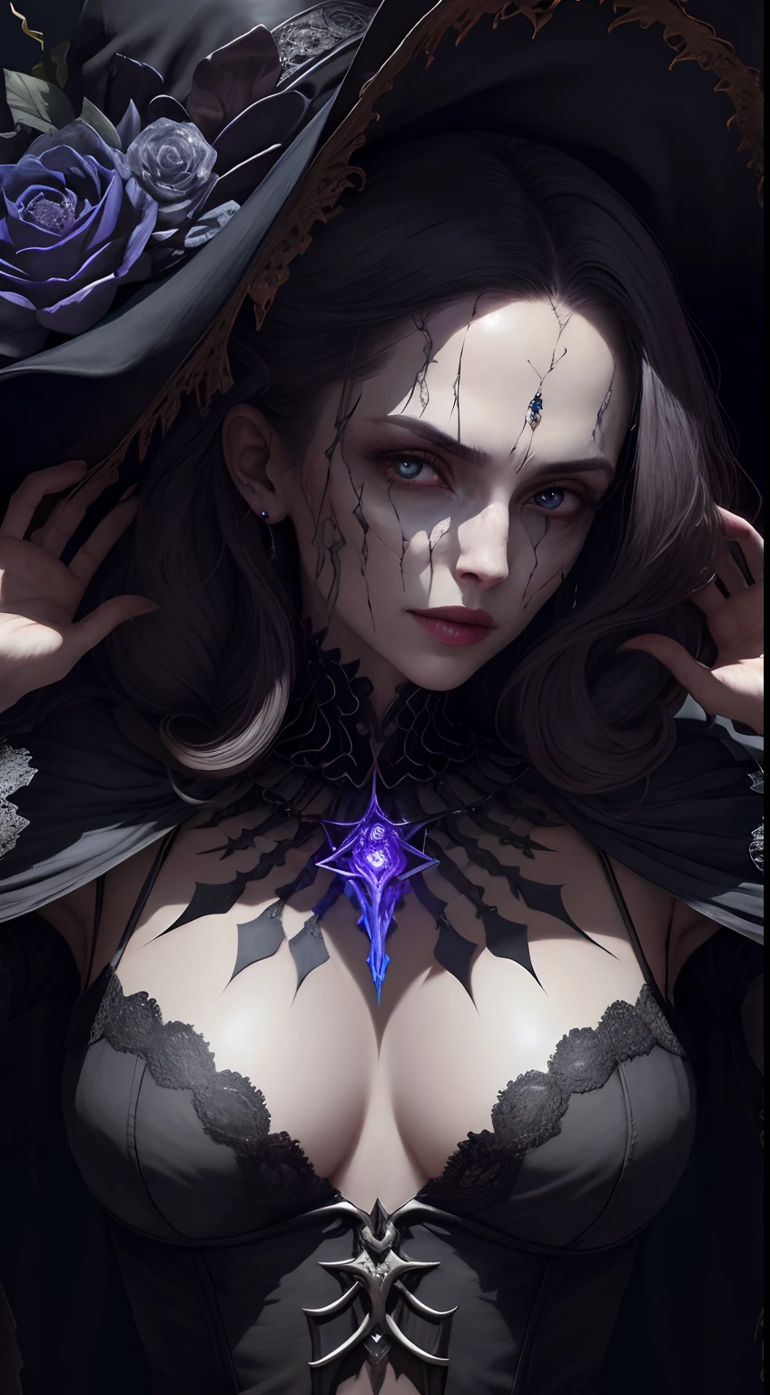 "A highly detailed and intense depiction of the portrait of a terrifying necroman sorceress, Plano medio y capturado de forma espectacular en un fondo de pantalla 8K ultradetallado, mostrando una complejidad intrincada".