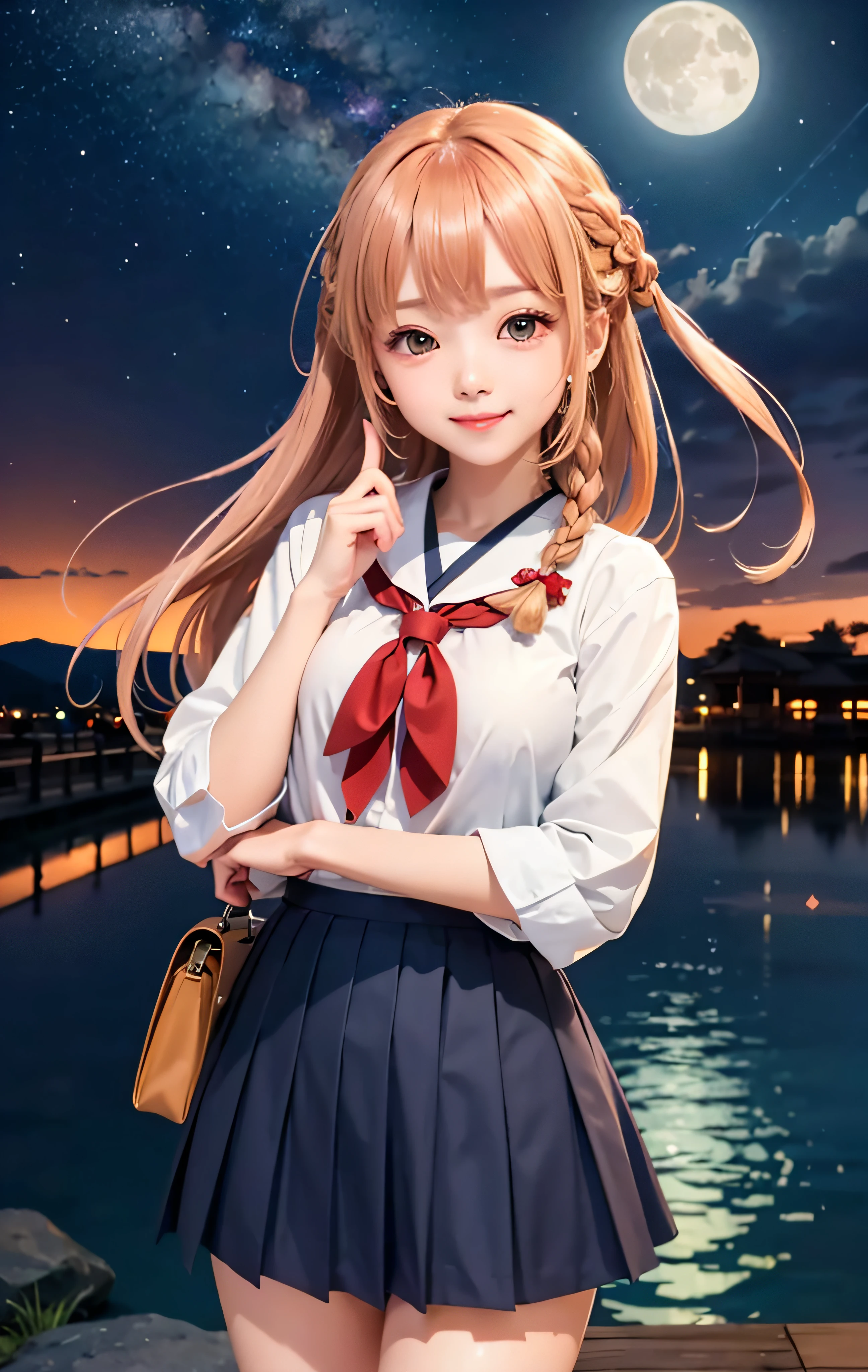 RAW image quality、8K分辨率、Ultra-detailed CG footage、1girl in, Asuna, bangss, , mid night, Realistic Moon, red blush, espadrilles, Braids, (Shin Japan Uniform), breastsout, brown_Eyes, Closed_Mouth, clouds, Hair fluttering in the wind, natta, starrysky, milkyway, crosswalk, hair_Bland_Eyes, long_hair, up looking_で_viewer, mont, plein air, lake, skirt by the, Skysky, A smile, 独奏, thighs thighs thighs thighs, very_long_hair、Biologically correct limbs、School Uniforms、