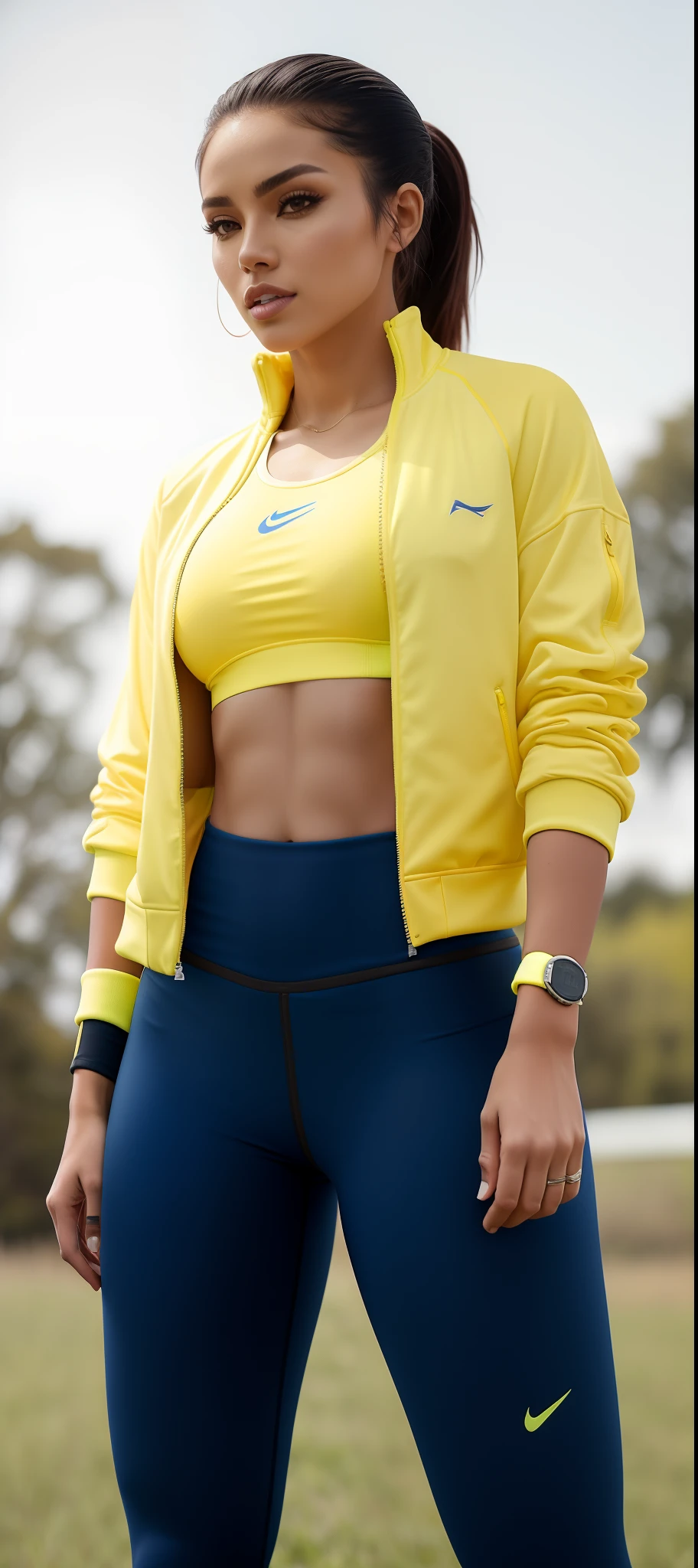 A woman in a yellow jacket and blue leggings standing in a field, vestindo croptop amarelo, vestindo terno de atletismo, em roupas azuis e amarelas, sport bra and dark blue shorts, sport bra and shorts, usando crop top, sport bra and shirt, Desportivo, usando equipamento de fitness, sporty physique, cindy avelino, usando um top cropped sexy