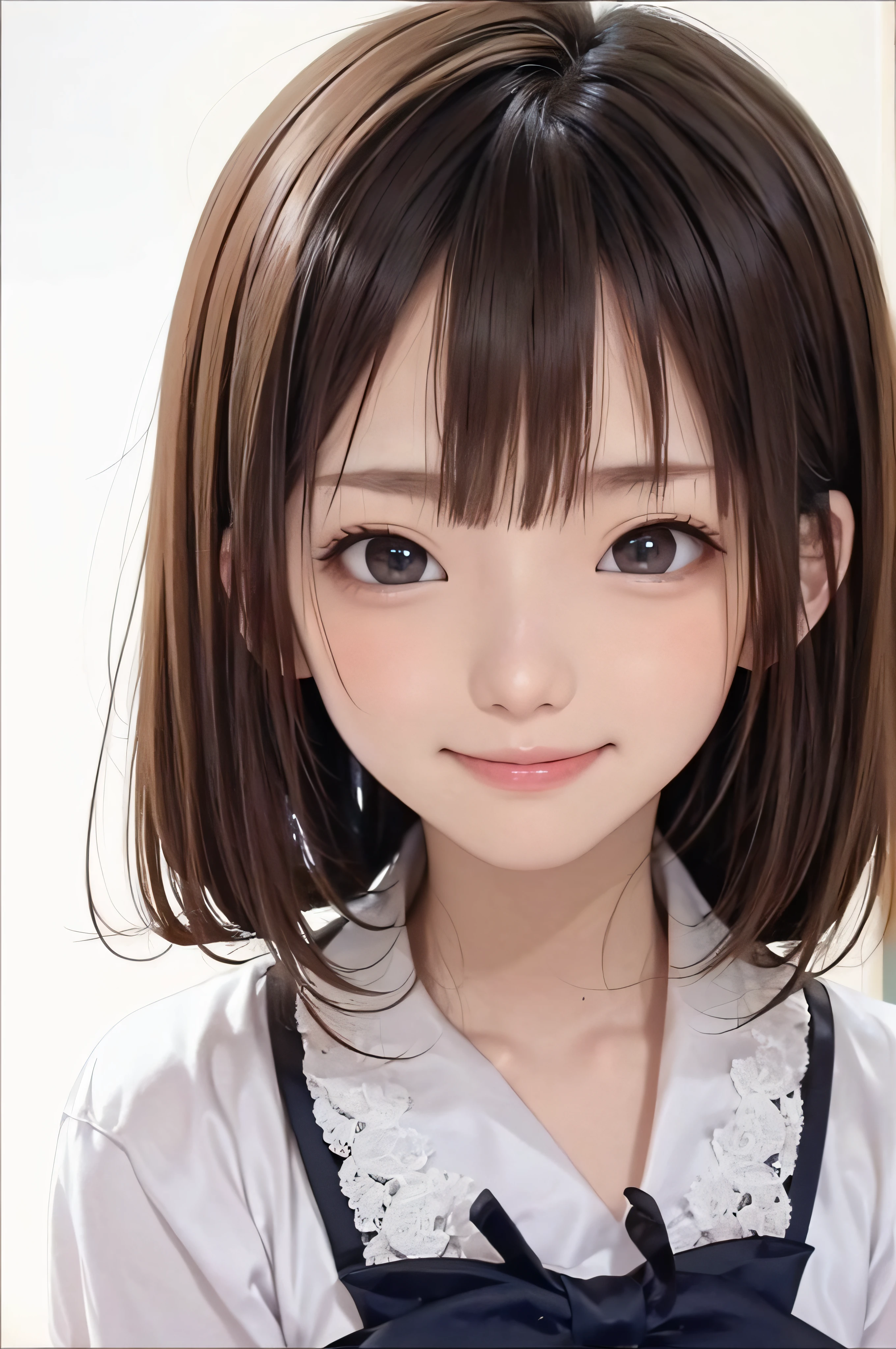 (Background white、White background、The background is all white)、17 age、brown haired、beautidful eyes、real looking skin、hi-school girl、a sailor suit、small tits、(8K、masterpiece)、(reallistic、Photorealsitic)、top-quality、ighly detailed、The ultra-detailliert、Beautie、cute little、japanes、Idol、a smile、ssmile、Close-up portrait、Healthy face