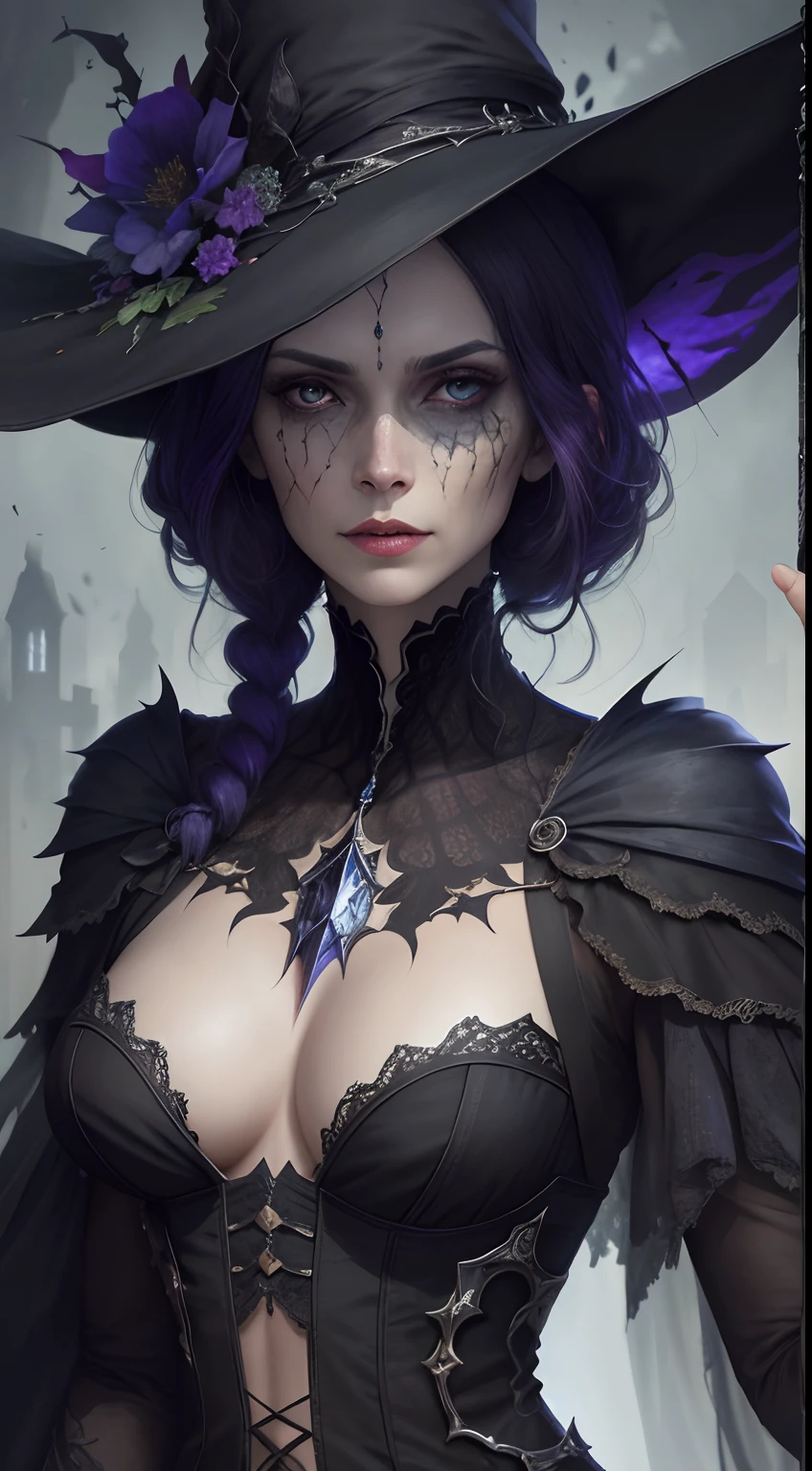 "A highly detailed and intense depiction of the portrait of a terrifying necroman sorceress, Plano medio y capturado de forma espectacular en un fondo de pantalla 8K ultradetallado, mostrando una complejidad intrincada".