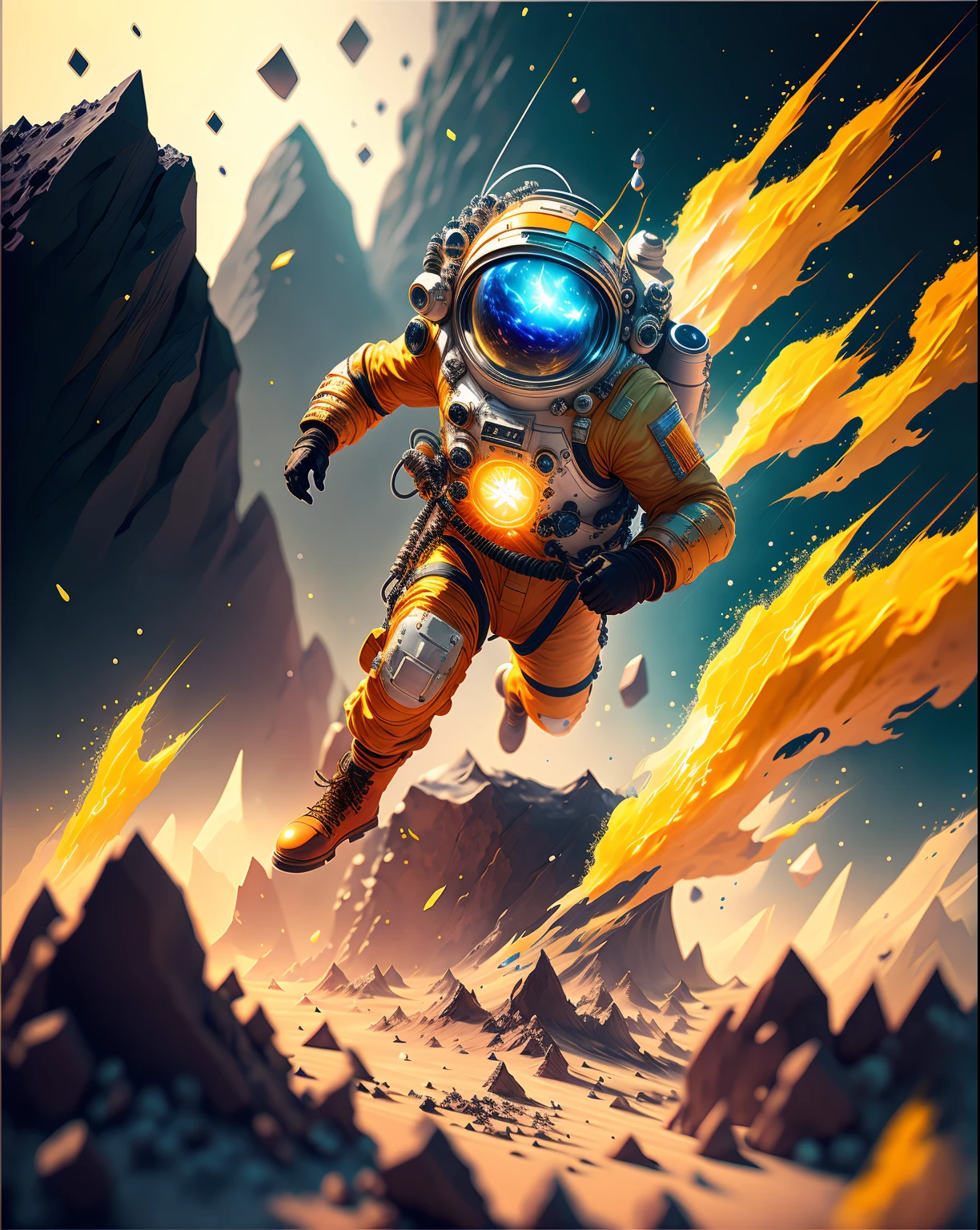 Atronaut with LIGHT SWARD, climbing the asteroid, character render, ultra high quality model, ethereal background, abstract beauty, explosive volumetric, oil painting, heavy strokes, paint dripping HDR (High Dynamic Range) ,Ray Tracing, NVIDIA RTX, Super-Resolution, Unreal 5, Subsurface scattering, PBR Texturing