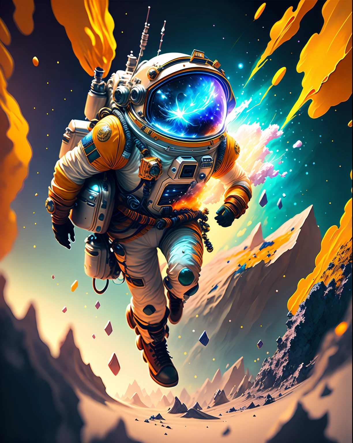Atronaut with LIGHT SWARD, climbing the asteroid, character render, ultra high quality model, ethereal background, abstract beauty, explosive volumetric, oil painting, heavy strokes, paint dripping HDR (High Dynamic Range) ,Ray Tracing, NVIDIA RTX, Super-Resolution, Unreal 5, Subsurface scattering, PBR Texturing