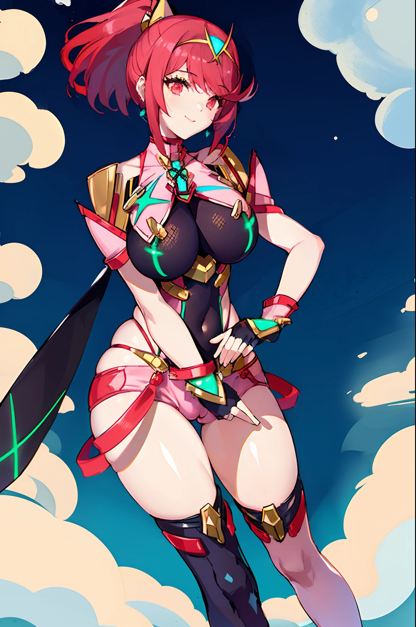 pyra \(xenoblade\), _1girl, lolings, black gloves, breasts, red eyes, shout, earrings, eyelashes, fingerless gloves, floating hair, , gem, gloves, hair ornament, headpiece, jewelry, gigantic_breasts, leaning back, swimsuit, neon trim, official art, pose, red hair, saitou masatsugu, short hair, sidelocks, skin tight, solo, swept bangs, thighhighs, tiara, fantasy_town_background, underbust, xenoblade chronicles \(series\), (xenoblade chronicles 2), (spread_legs:1.1), fire_effect,dynamic_pose,fighting,light_smile, (plump:1.1), big_ass,huge_sword, hold_large_sword_hilt, covered_nipples, covered_pussy, fists,ponytail,beautiful_fingers,(solo:1.1), bare_shoulder,(shoulder_naked:1.2), nipple_jewel,back, back_view, focus_ass,ass, (very_short_shorts:1.3),(lise_leg:1.4)