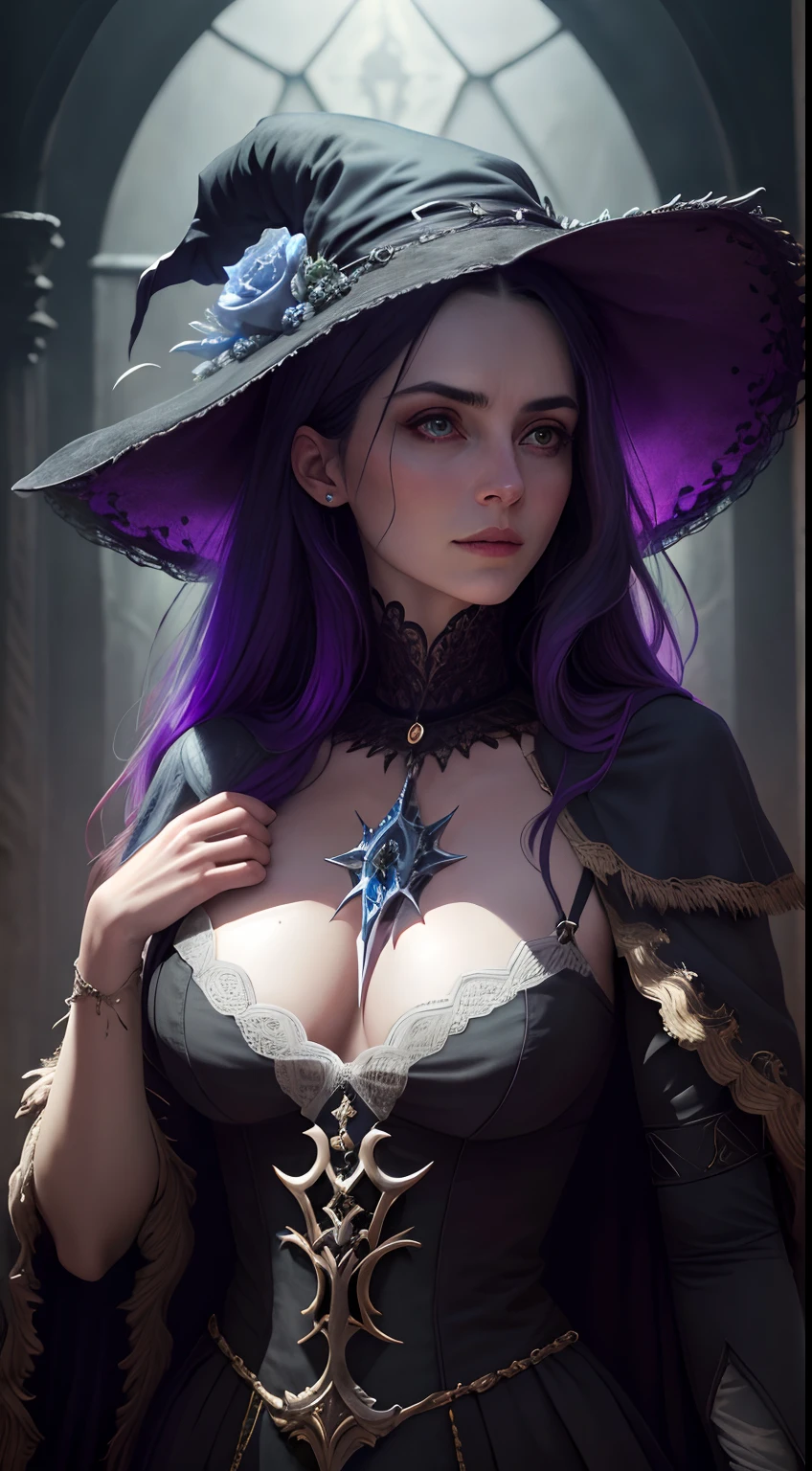 "A very detailed and intense depiction of the portrait of a terrifying Nigromanic Calaverian sorceress, Plano medio y capturado de forma espectacular en un fondo de pantalla 8K ultradetallado, mostrando una complejidad intrincada".