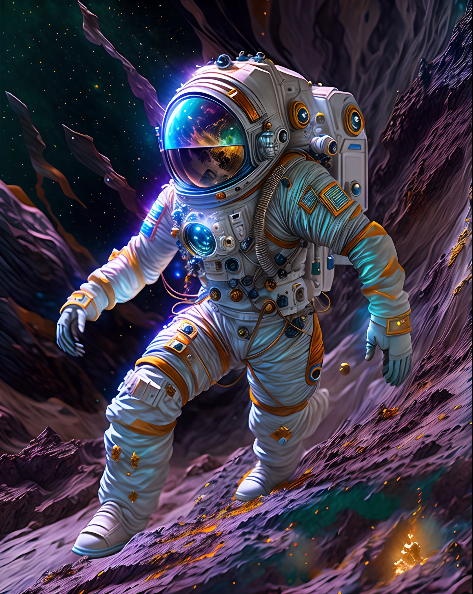Atronaut with LIGHT SWARD, climbing the asteroid, character render, ultra high quality model, ethereal background, abstract beauty, explosive volumetric, oil painting, heavy strokes, paint dripping HDR (High Dynamic Range) ,Ray Tracing, NVIDIA RTX, Super-Resolution, Unreal 5, Subsurface scattering, PBR Texturing
