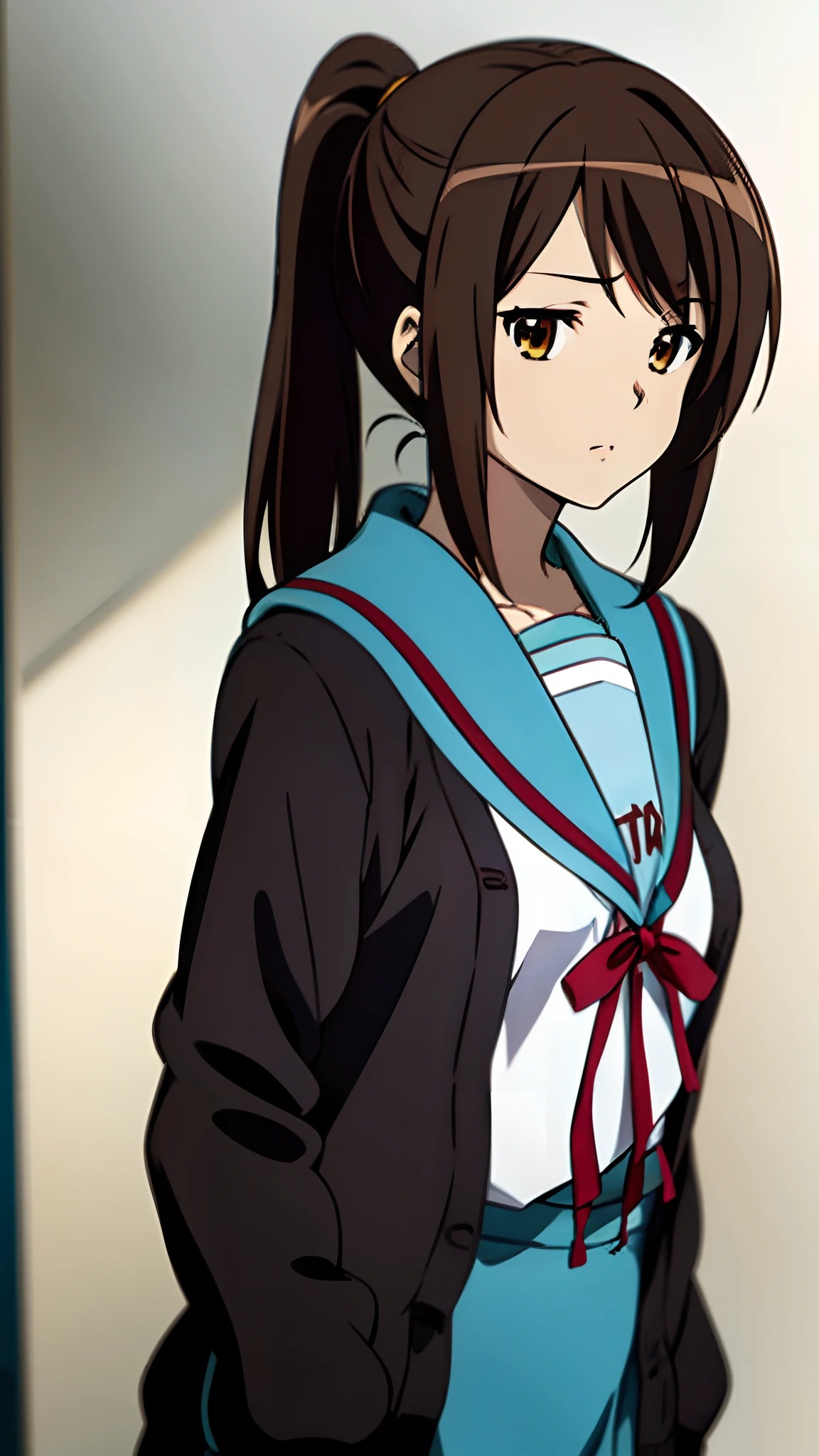 kyoani style, anime style, best quality, 4k, masterpiece, standing girl, 1 girl, solo, 1 schoolgirl, upper body, (front angle), looking at viewer, brown hair, ponytail hairstyle, brown eyes, [empty eyes], [short girl], (flat breast:1.25), [suzumiya haruhi], sailor uniform, [[sleepy eyes]], daydreaming, expressionless, (kita high school uniform), (cardigan:1.3), open clothes, open cardigan, brown cardigan, long sleeves, winter uniform