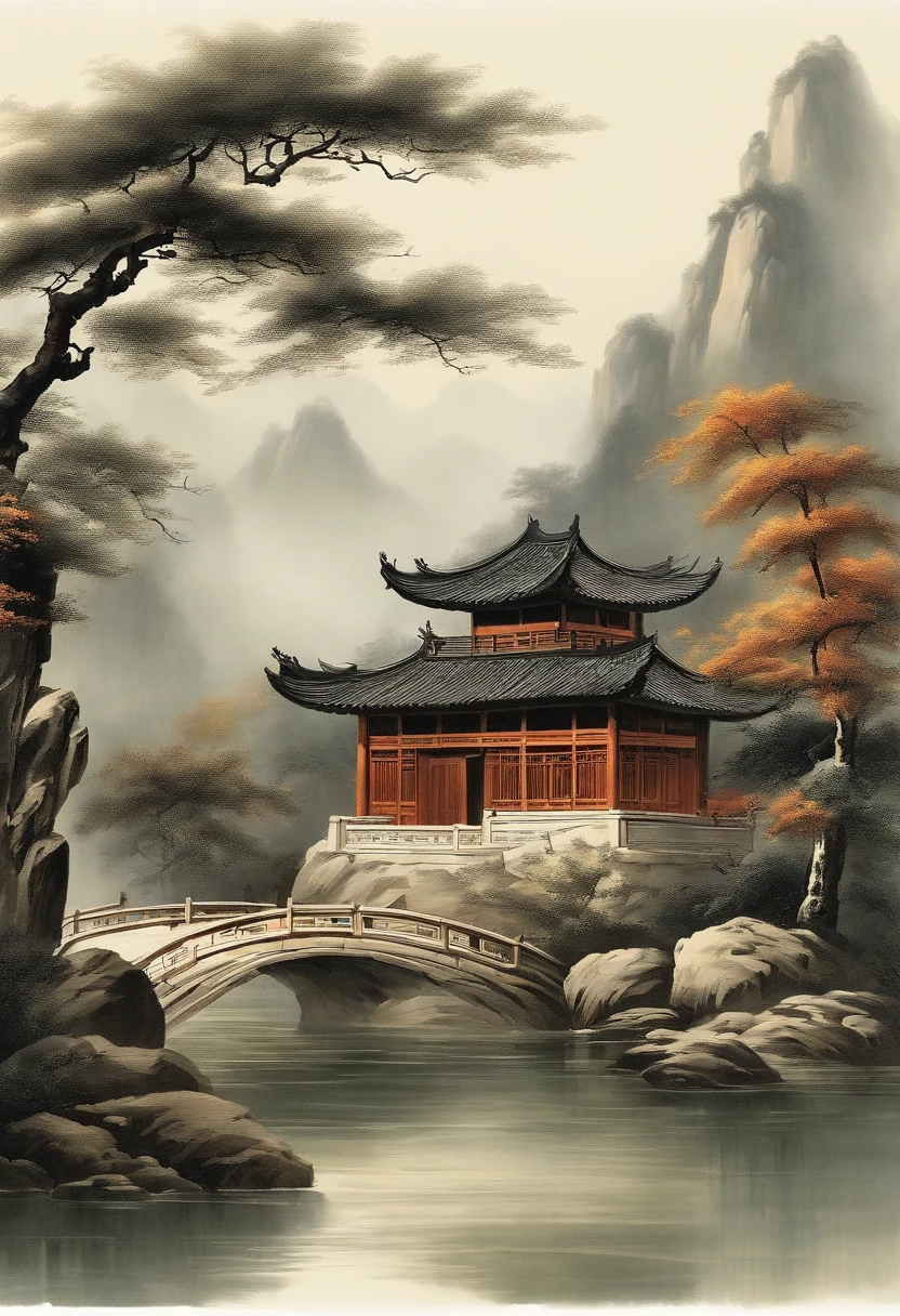 Chinese，Chinese landscape，Traditional chinese painting，Ancient rhyme Jiangnan，Yamakawa，Cypress，Pavilions，Leave white space，elegant