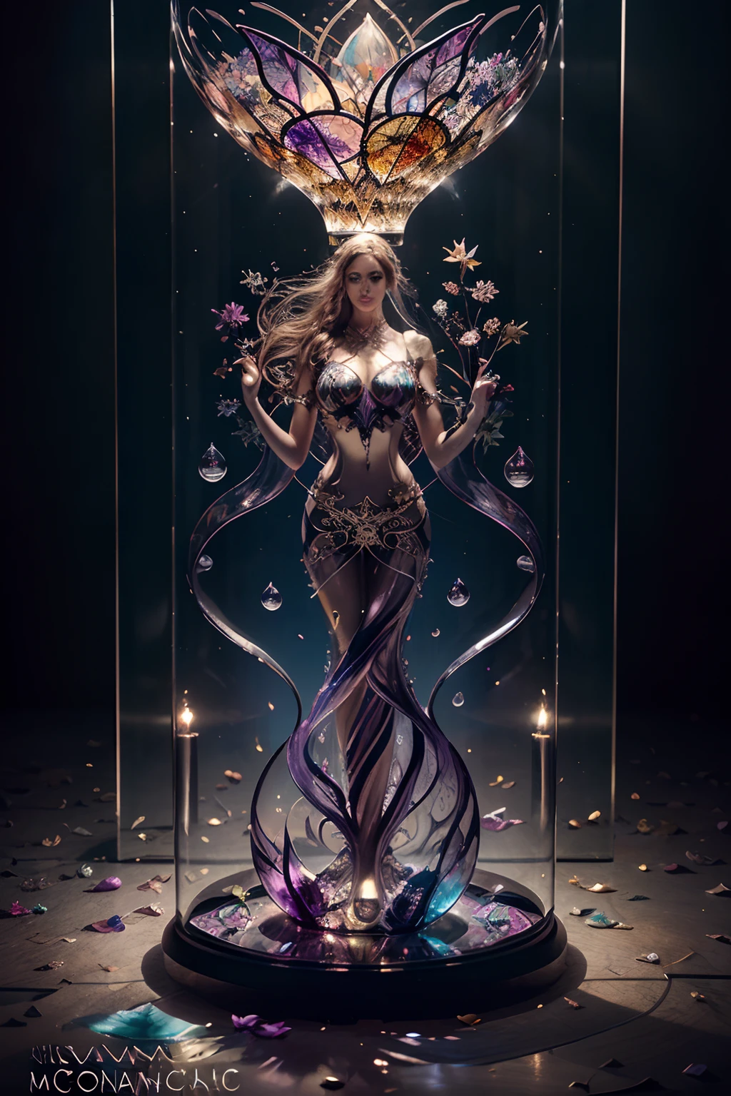 Art by Lisa Frank and Karol Bak and Kirsty Mitchell, an insanely beautiful woman dreamscape a fully transparent Majestic glass hourglass, award winning, concept design, polycarbonate, visible aquatic internals, surreal, ethereal, dreamy, mysterious, fantasy, highly detailed, perfect composition, glorious background