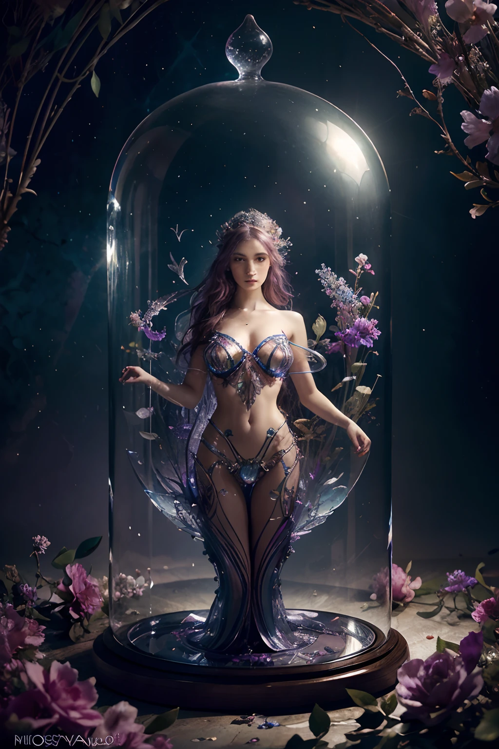 Art by Lisa Frank and Karol Bak and Kirsty Mitchell, an insanely beautiful woman dreamscape a fully transparent Majestic glass hourglass, award winning, concept design, polycarbonate, visible aquatic internals, surreal, ethereal, dreamy, mysterious, fantasy, highly detailed, perfect composition, glorious background