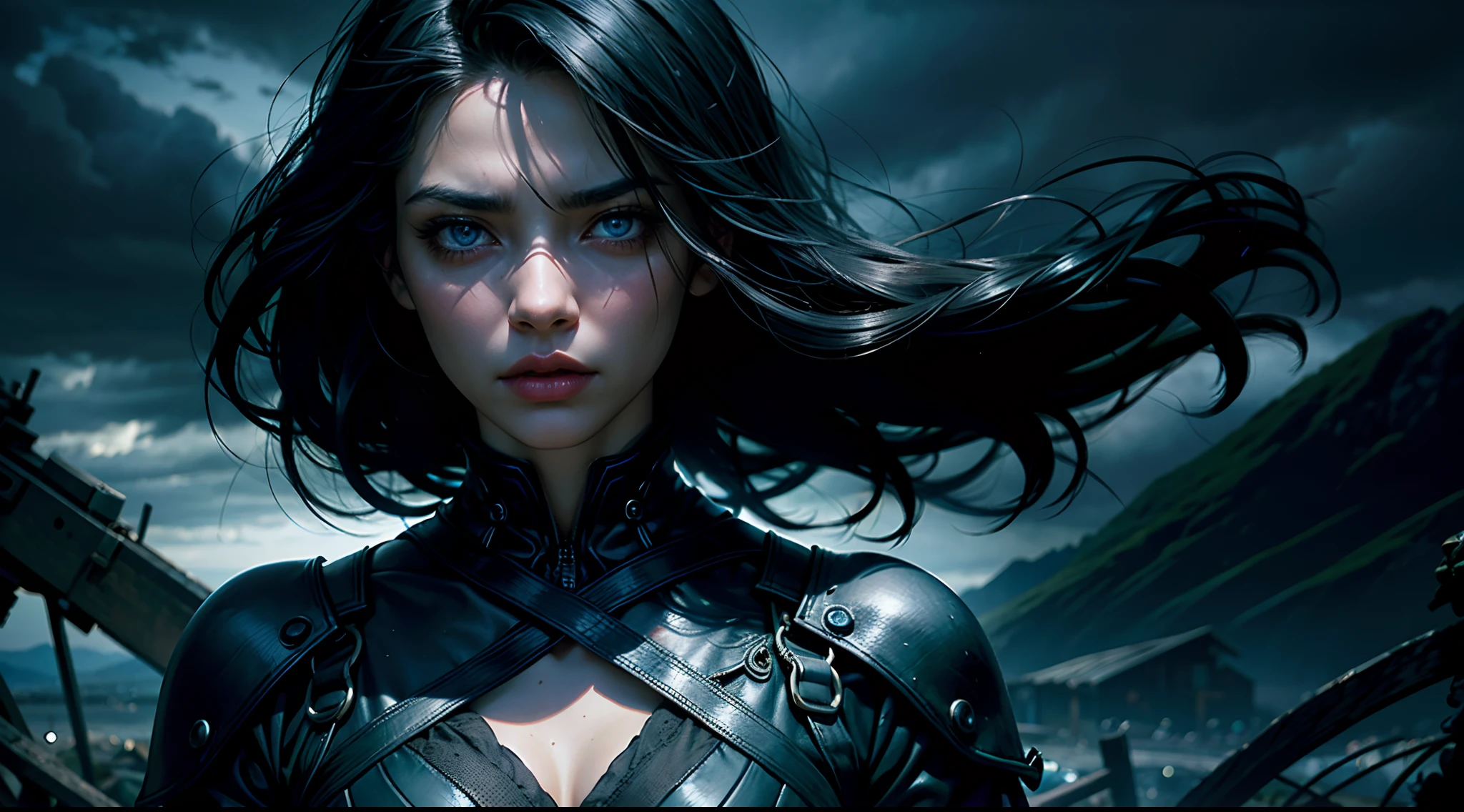 woman, black hair, blue eyes, fair skin, dark, mysterious, serious, dark silk, black dress, background is dark storm clouds, mood is apprehensive, frustrating, ambiguous, inscrutable, eerie night time light, character design.
