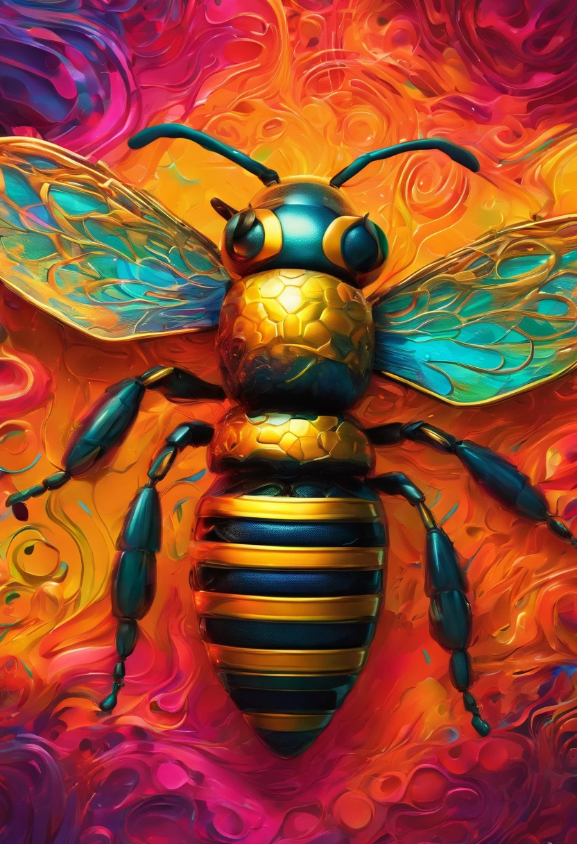 (photorealistic, vibrant colors, high-resolution, ultra-detailed, robotic bee),(illustration, oil painting),(letter B in the background),(realistic metallic texture),(dynamic perspective),(studio lighting),(HDR effect)