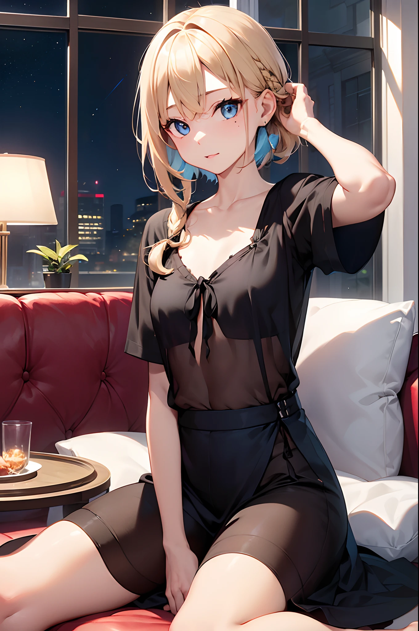 masterpiece, best quality, detailed clothes, young, blonde haired girl, blue eyes, medium breasts, smiling, sitting on bed, teasing, sexy, comfy sweatshirt, black lace panties