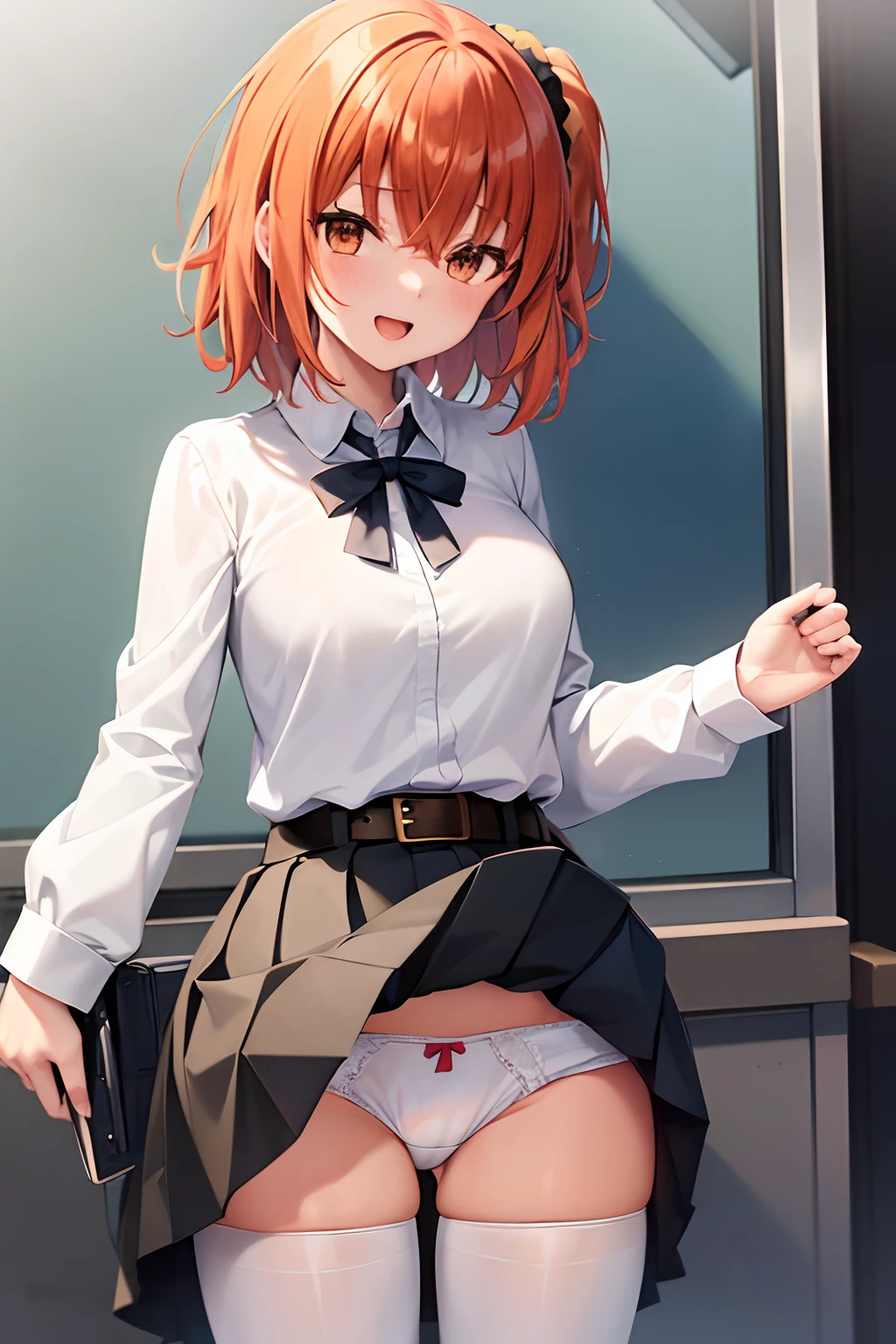 masutepiece, Best Quality, hight resolution, Aaritsuka, Short hair, Ahoge, hair scrunchie, orange scrunchie, medium breasts, White jacket, Harnes, Long sleeves, Belt bag, Black skirt, Miniskirt, Black pantyhose, Waving, Smile, Open mouth, Standing, Cowboy Shot,,(Skirt lift:1.3), (white  panties:1.3)、(Skirt that rolls up:1.3)、(Fully exposed panties:1.5)、