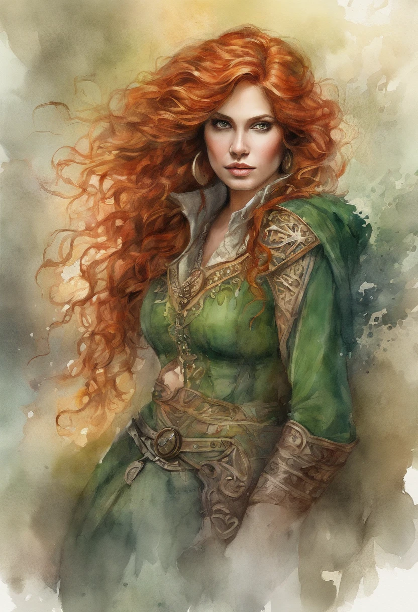 Drawing of a red-haired elf woman with dark blue eyes, in luxurious witchcraft clothing with long wavy hair and a mystical scepter. With blue adventurer clothes and hand accessories, arms and head with a noble family ornament