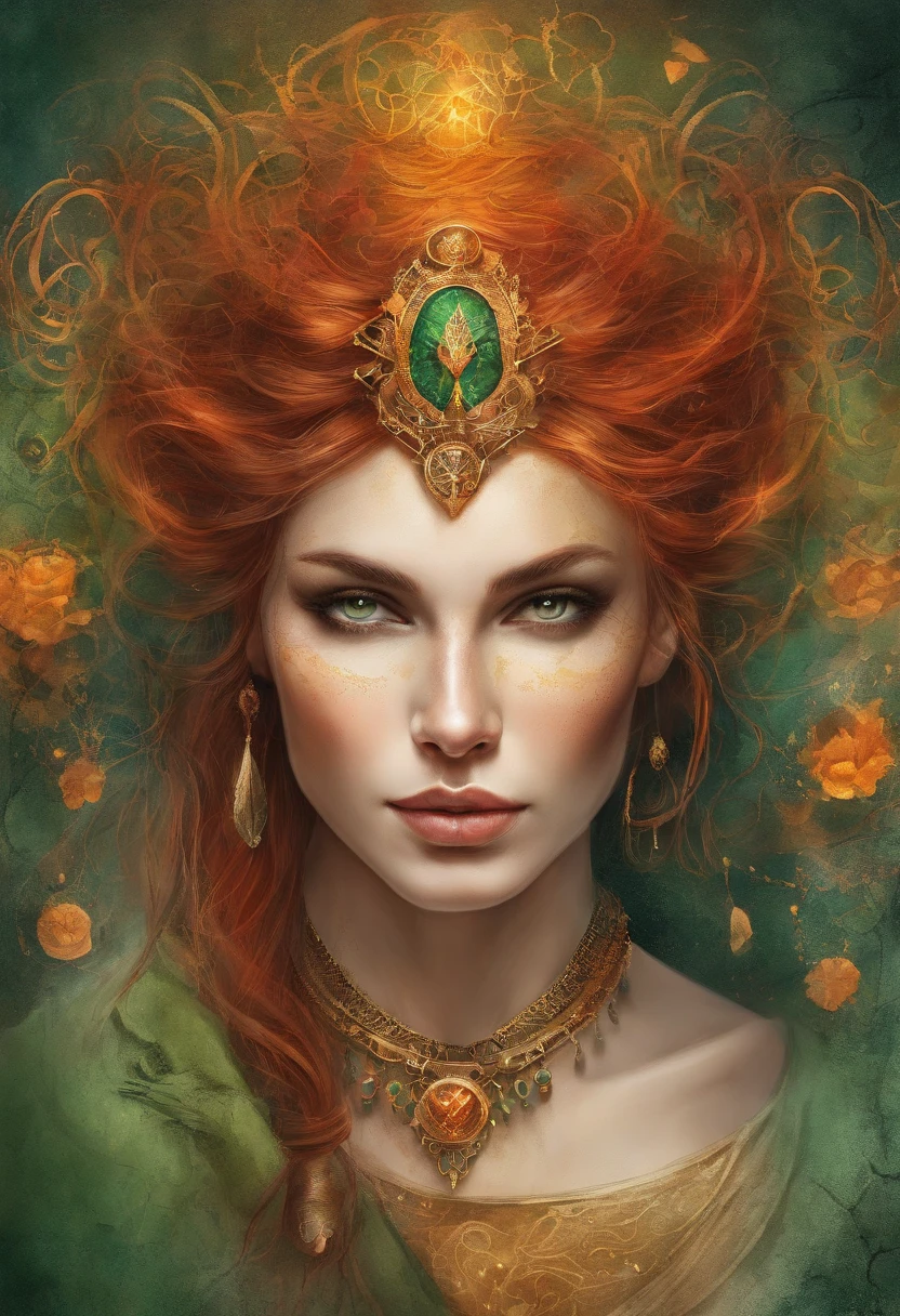 (Masterpiece, Top Quality, Best Quality, official arts, beautiful and aesthetic:1.2), Girl, Detailed Face, Long curly red hair, green eyes, full - body, Green shirt, corset, celestial, Hunter, extremely beautiful, higly detailed, (Fire in the background), light effects, highest detail, particles floating, Ancient runes, Geometric patterns, V0id3nergy , dove, eye shadow, epic atmosphere