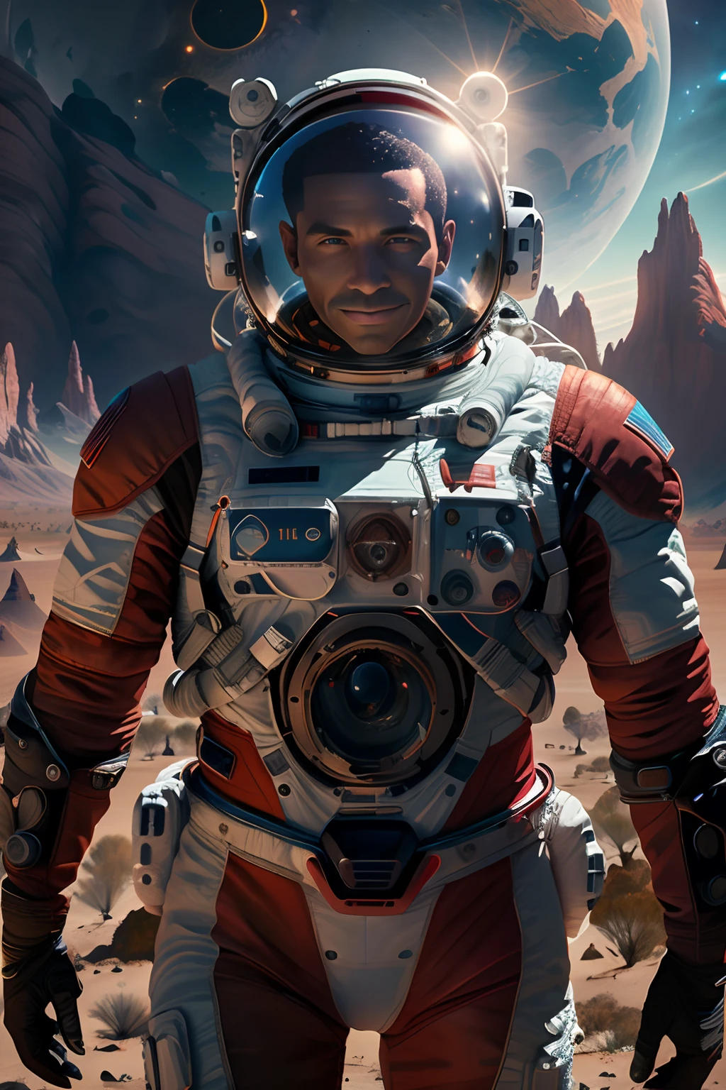 The picture shows a man in a spacesuit exploring a mysterious alien civilization planet, There are mysterious alien creatures everywhere,In the distance are breathtaking images of space,The scene is highly-detailed,Clarity is extraordinary,Every intricate detail of the panorama is captured,((tmasterpiece)),((best qualtiy)),8K,high detal,((Masterpiece)), (Best quality))，