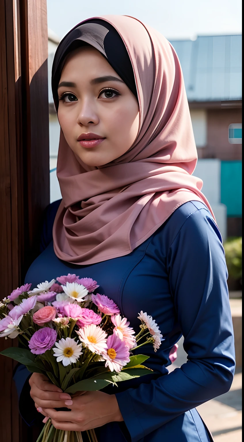 1 malay girl , modern plain hijab, shy, medium portrait shot , watery eyes ,lip watery, lip glossy, open mounth, ((big breast)), a beautiful girl with hijap, in vintage colors aodai , masterpiece, best quality, realistic:1.3, street, holding bundle of flowers, sunlight, backlighting, artstation, intricate details, vignett, prpsonal body,
