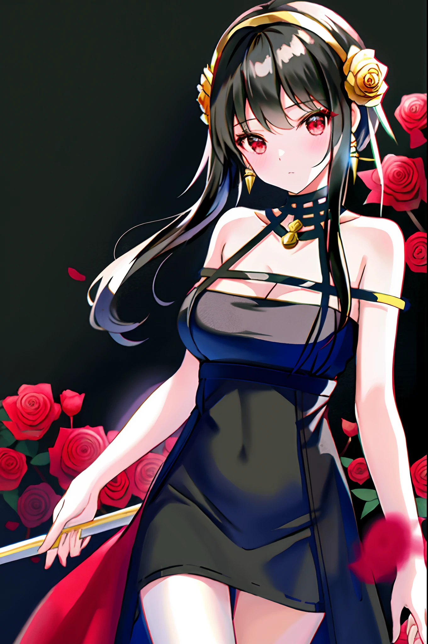 Yol Breyer, 1girl in, bare shoulders, Black Dress, A dark-haired, breastsout, a closed mouth, doress, 耳环, florals, Hair Flowers, hair adornments, shairband, jewely, Medium chest, length hair, looking at the viewers, red eyes, side locks, Sleeveless, Surrounded by roses