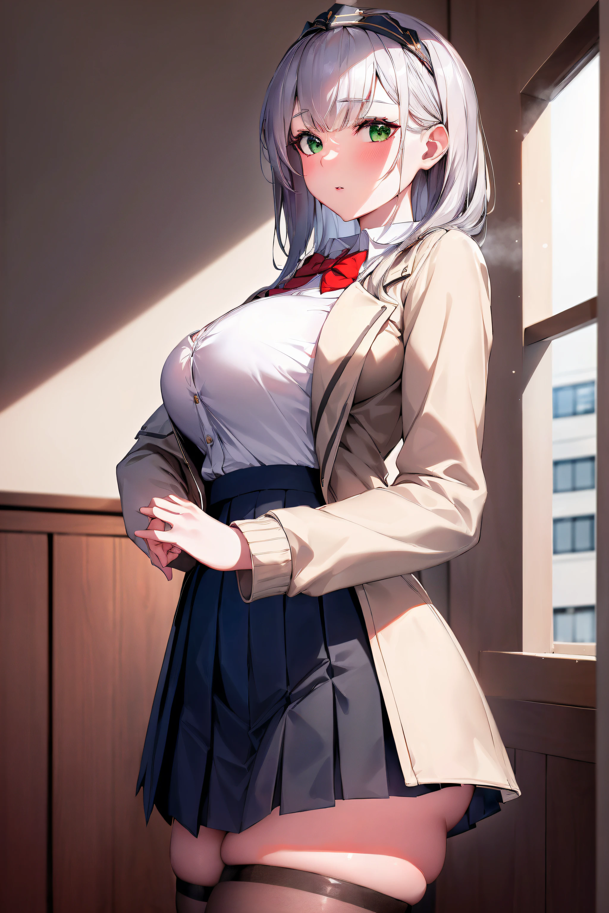 (day:1.7), cafe , cityView, Beside_window,
standing,seductive_pose,looking at viewer,
(beige_jacket:1.3), (long_sleeves), (pleated_skirt), (school uniform), thighhighs,white_pantyhose, ((red_bowtie:1.2)),
aanoel, medium hair, green eyes, hairband,
1 girl,20yo,(fat, Young,Cute,FEMININE),Beautiful Finger,Beautiful long legs,Beautiful body,Beautiful Nose,Beautiful character design, perfect eyes, perfect face, perfect symmetrical face,
NSFW,official art,extremely detailed CG unity 8k wallpaper, perfect lighting,
(masterpiece:1.0),(best_quality:1.0), ultra high res,4K,ultra-detailed,
photography, 8K, HDR, highres, absurdres:1.2, Kodak portra 400, film grain,
blurry background, bokeh:1.2, lens flare, (vibrant_color:1.2),
(Beautiful,medium_Breasts:1.2), (beautiful_face:1.5),(narrow_waist),(perfect hands, perfect anatomy),