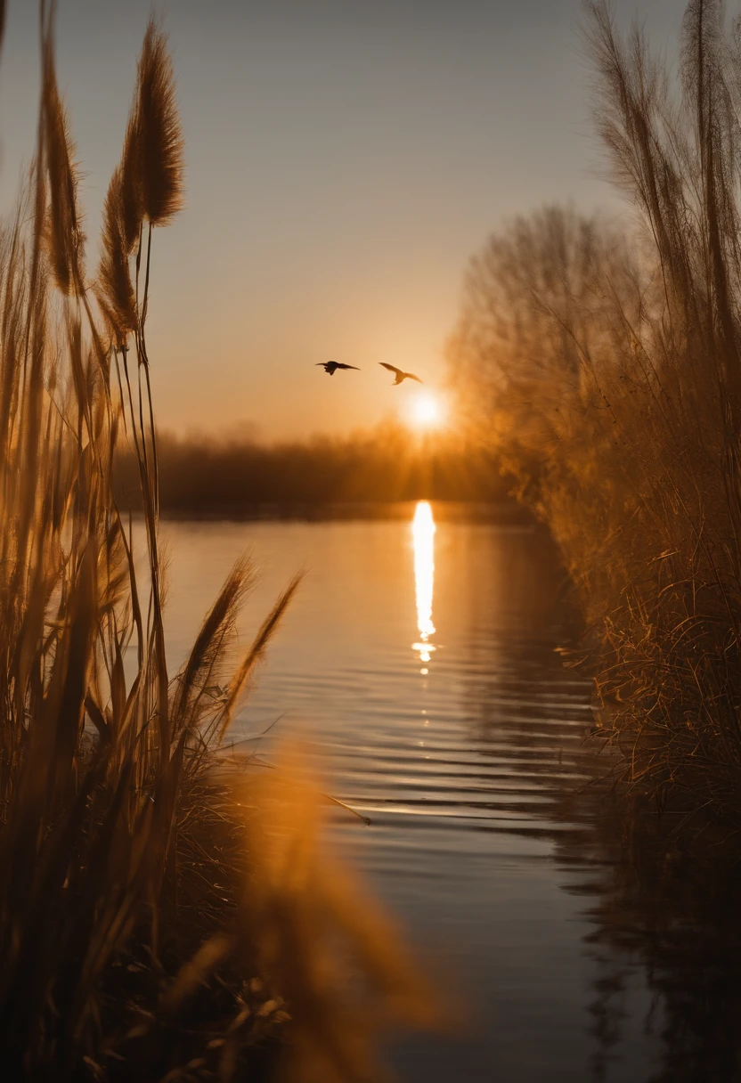 autumnal，A lot of golden yellow（1.3），Desolation，cold shades，There are reeds by the water，setting sun，flying birds，Art Deco, chiaroscuro, cinematic lighting, depth of field, motion blur, depth of field, ray tracing, reflection light, lens flare, first-person view, UHD, ccurate