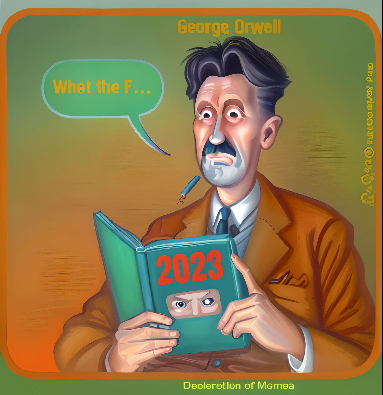 a colorful cartoon of a man reading a book with a speech bubble above it, george orwell, orwellian, orwellian dystopia, orwellian style, year 2 0 2 2, 2022 movie, subgenius, by Matt Groening, dave sim, f2.2, airing in 2 0 2 3, f 2.5