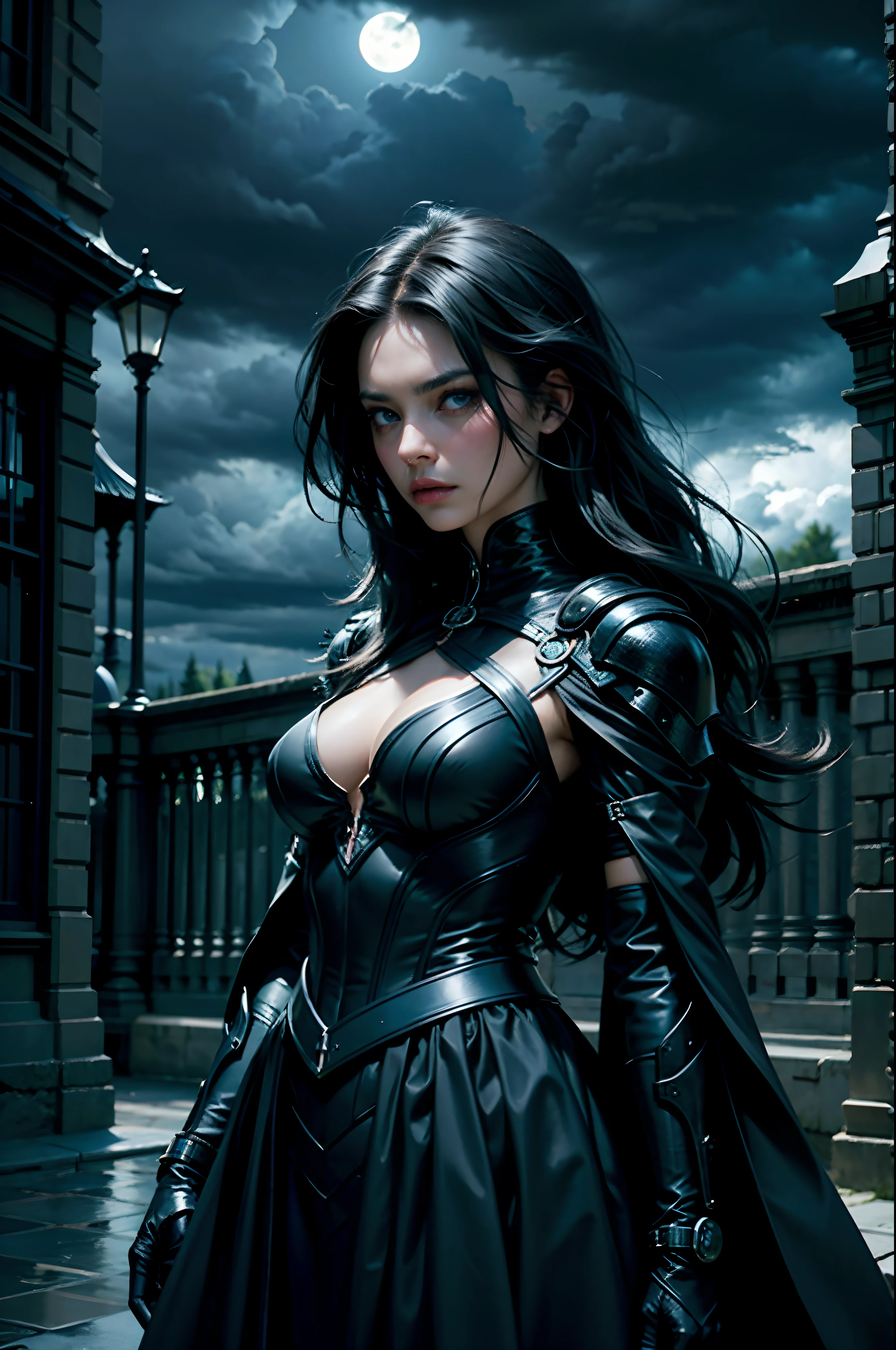 woman, black hair, blue eyes, fair skin, dark, mysterious, serious, dark silk, black dress, background is dark storm clouds, mood is apprehensive, frustrating, ambiguous, inscrutable, eerie night time light, character design.